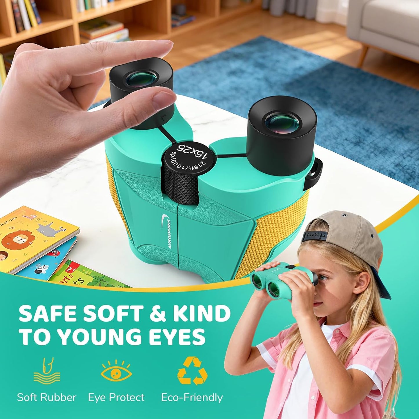 Aurosports 15x25 Compact Binoculars for Kids - Small Binoculars Lightweight with Carrying Case Birding Guide for Bird Watching Hiking Camping Travel Gift for 8-12 Years Boys Girls (Green)