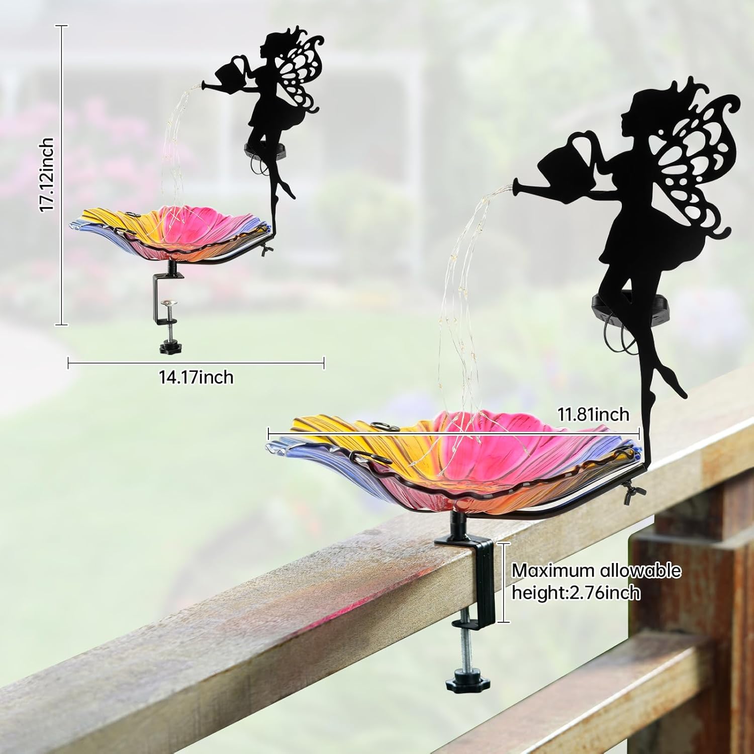 Solar Glass Colored Bird Bath，Birdbaths Deck Mounted 19.5 Inches Bird 