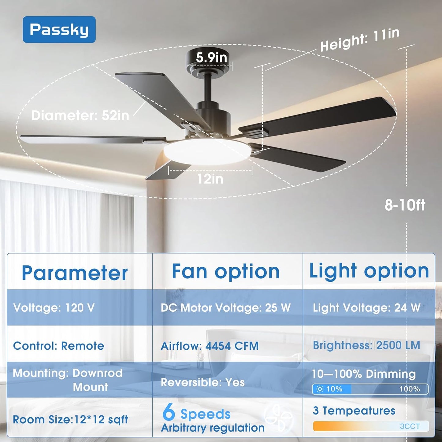 Passky Ceiling Fans with Lights, 52 inch Sleek Ceiling Fan with Light and Remote Control, 3CCT, Dimmable, Reversible, Noiseless, Black Ceiling Fan for Bedroom, Living Room