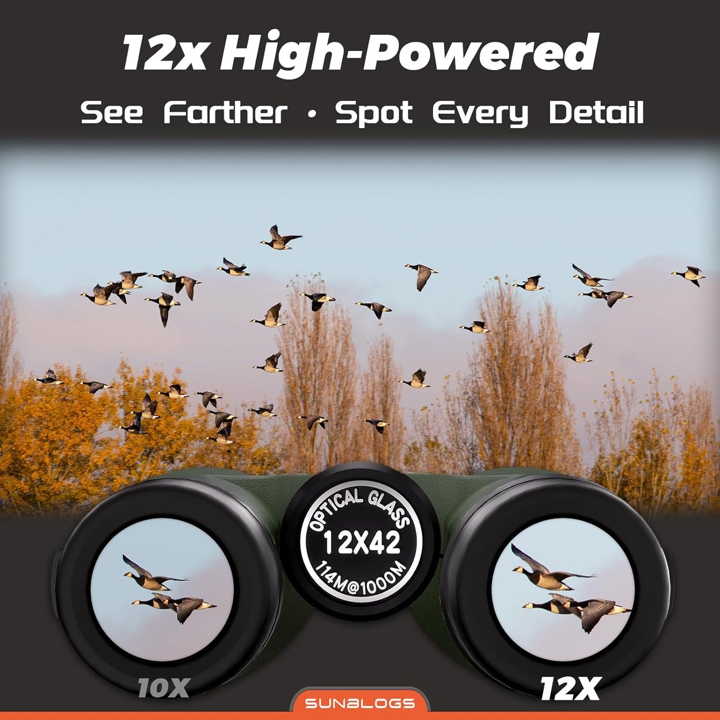 12x42 Binoculars for Adults, High Powered, BAK4 Prism, Waterproof Binoculars, Lightweight Binocular for Bird Watching, Hunting, Travel, Stargazing Cruise (Green)