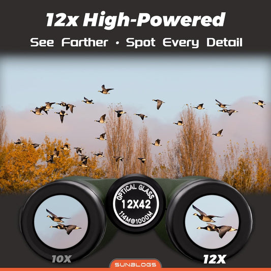 12x42 Binoculars for Adults, High Powered, BAK4 Prism, Waterproof Binoculars, Lightweight Binocular for Bird Watching, Hunting, Travel, Stargazing Cruise (Green)
