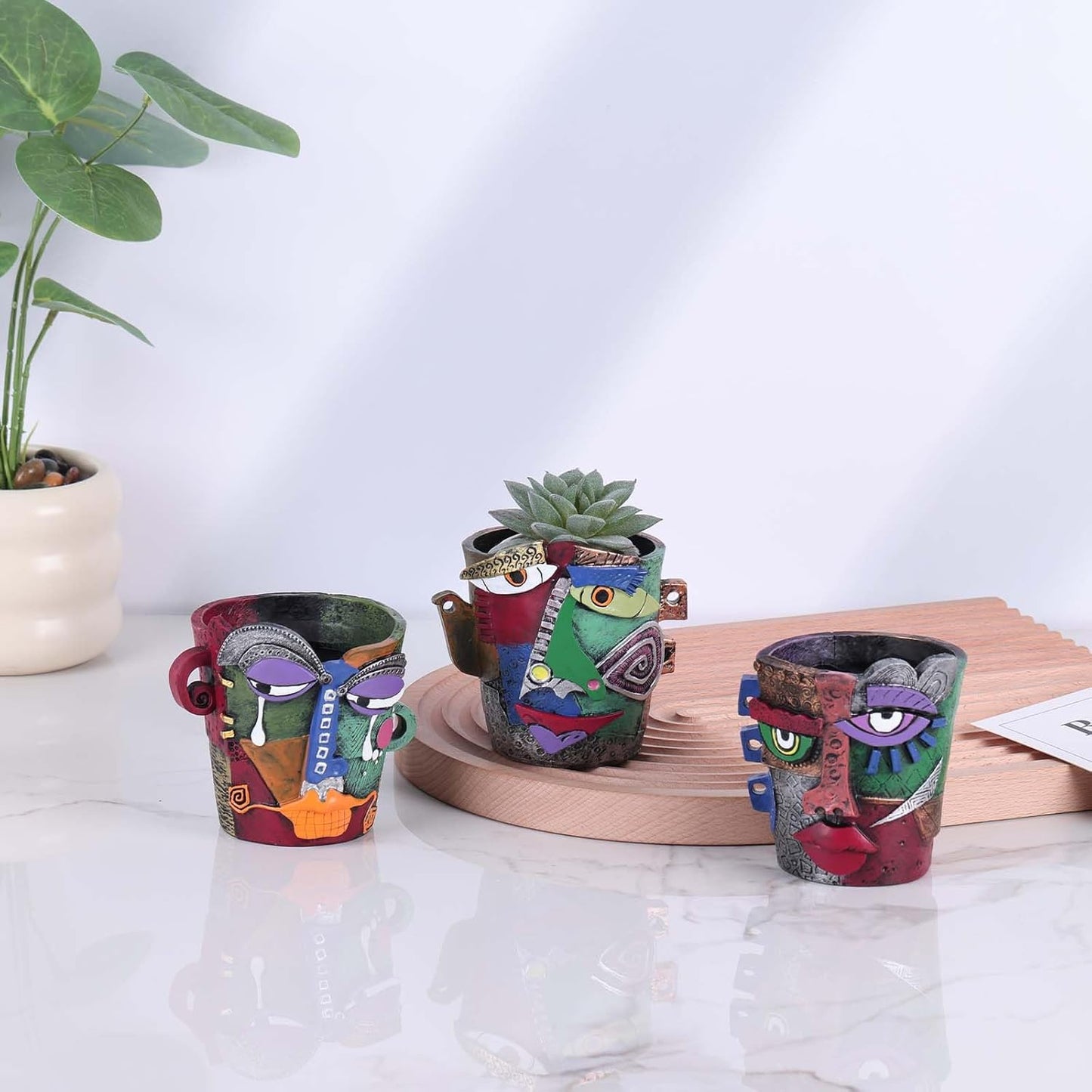 Mini Face Planters 3PC Set – Unique Resin Art Flower Pots for Succulents, Cacti & Small Plants – Decorative Funny Plant Pots for Indoor & Outdoor, Face Planter Gift, Picasso‑Inspired