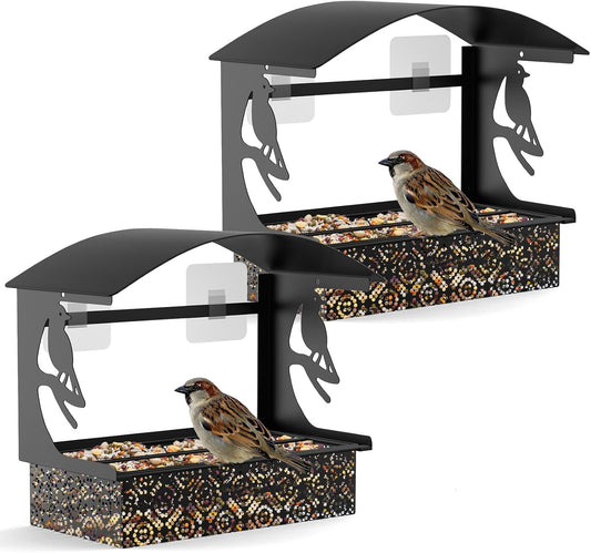 Window Bird Feeder with Heavy-Duty Adhesive Hooks for Outside,All-Season Metal Winter Bird Seed Feeder for Ultimate Window Viewing, 2-Pack (Black)