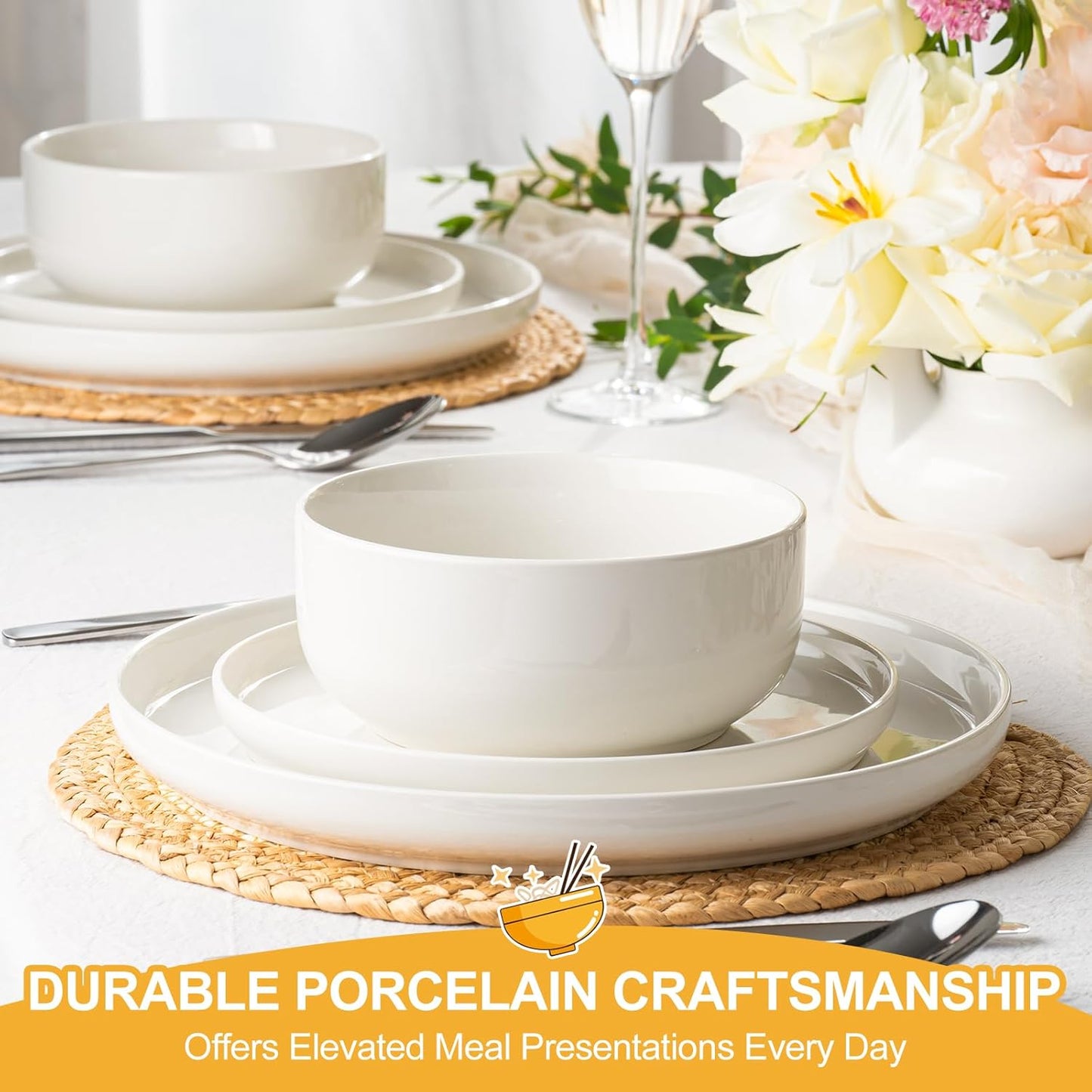 EWFEN Plates and Bowls Sets, 12 Pieces Ceramic Dinnerware Set for 4, S