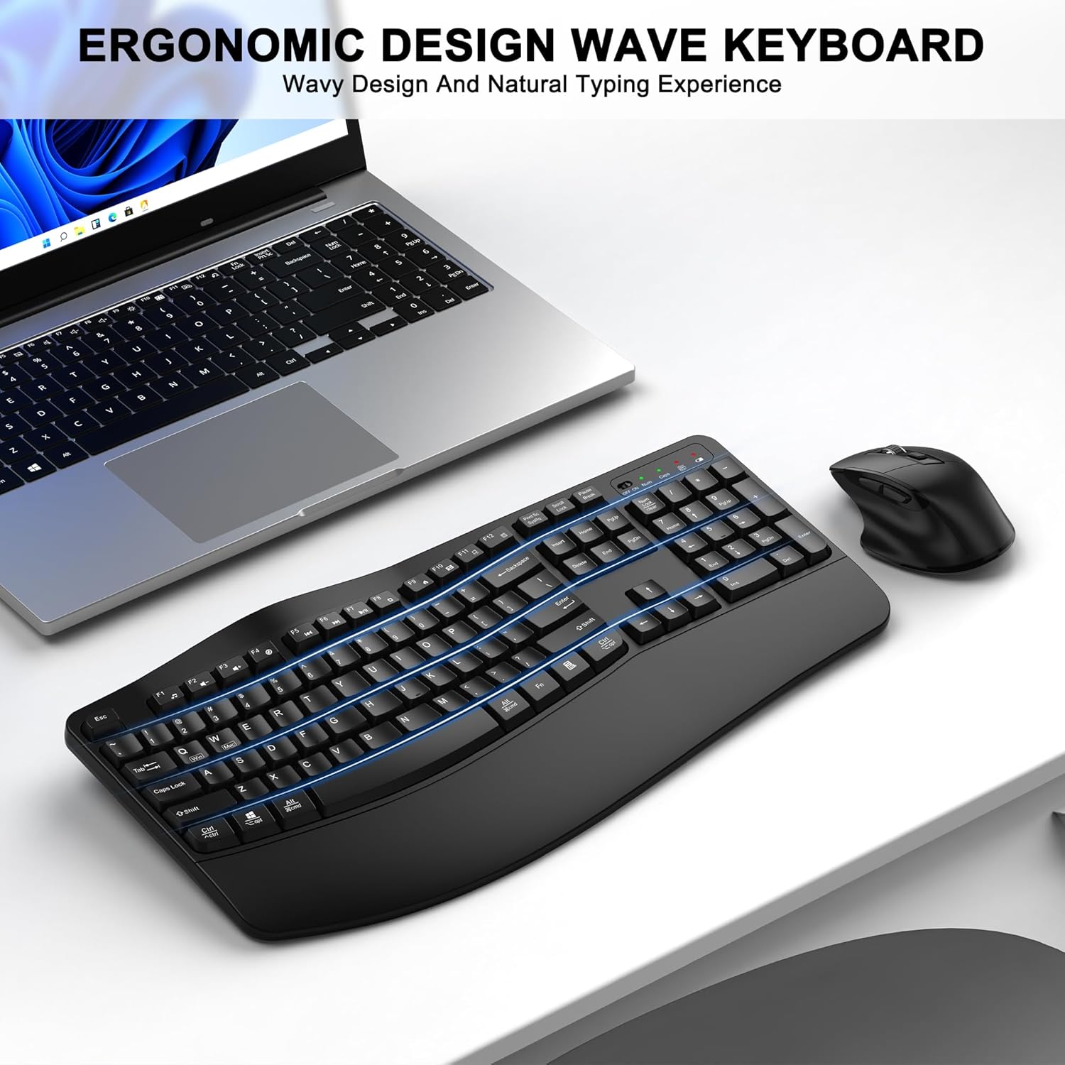 Wireless Keyboard and Mouse Combo, 2.4G Full Size Wave Keys Ergonomic 