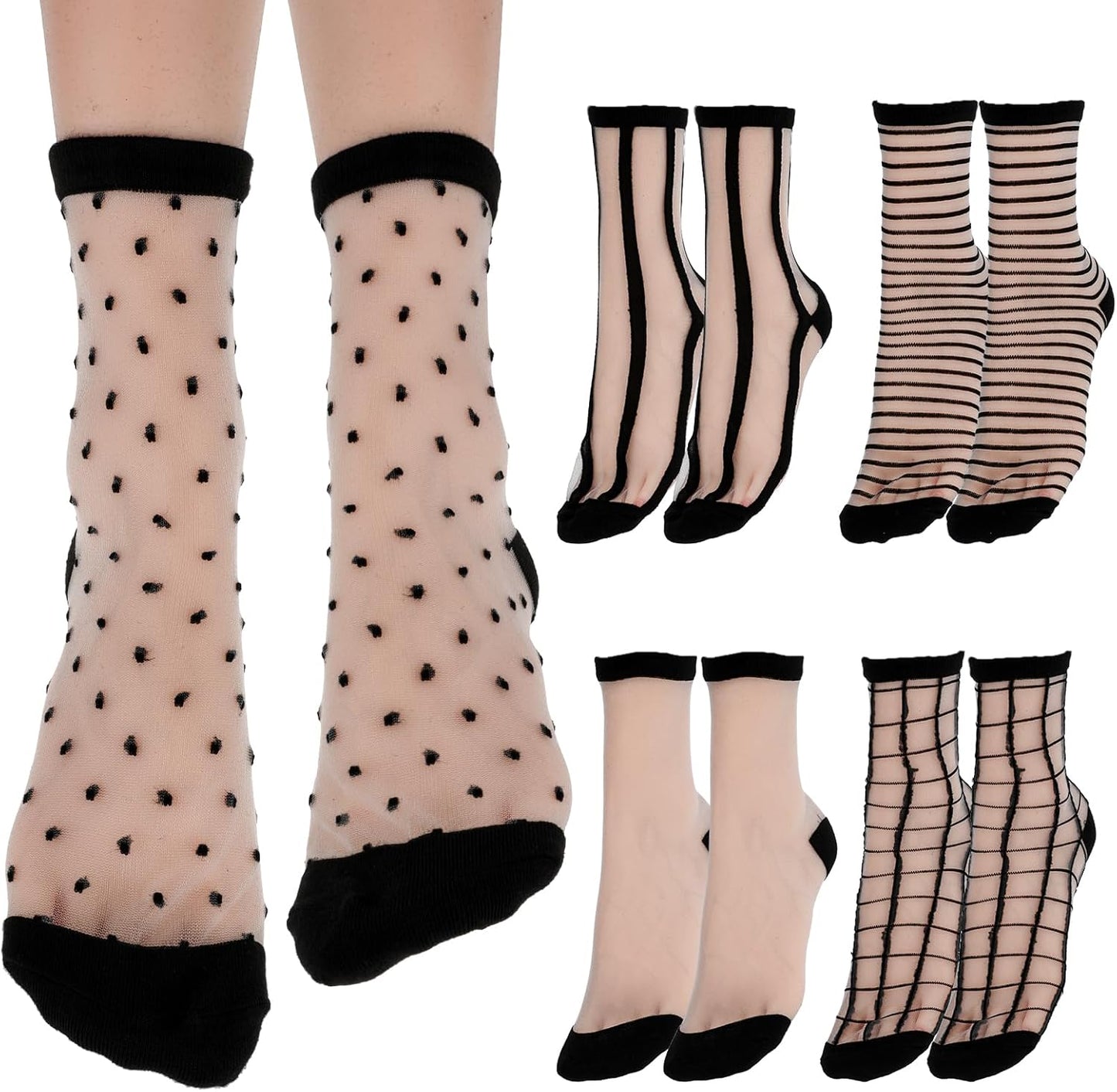 Lusofie 5 Pairs Sheer Black See-Through Socks - Checkered Dot Striped 
