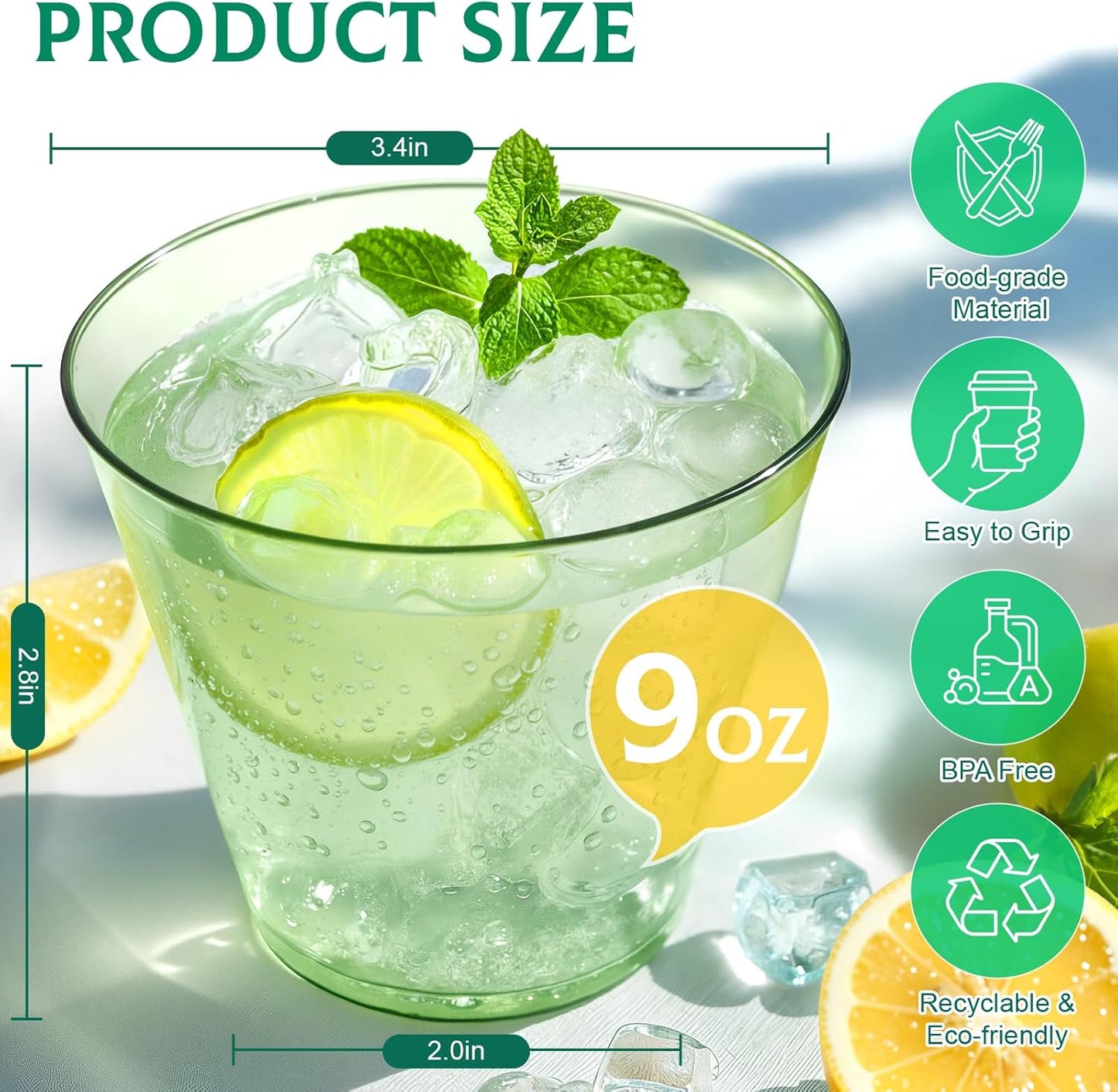 9 oz Clear Plastic Cups Green Plastic Disposable Cups for Cocktail 50 Pack Fancy Cocktail Cup for Party Stemless Wine Glasses for Easter Wedding Party Graduation Birthday