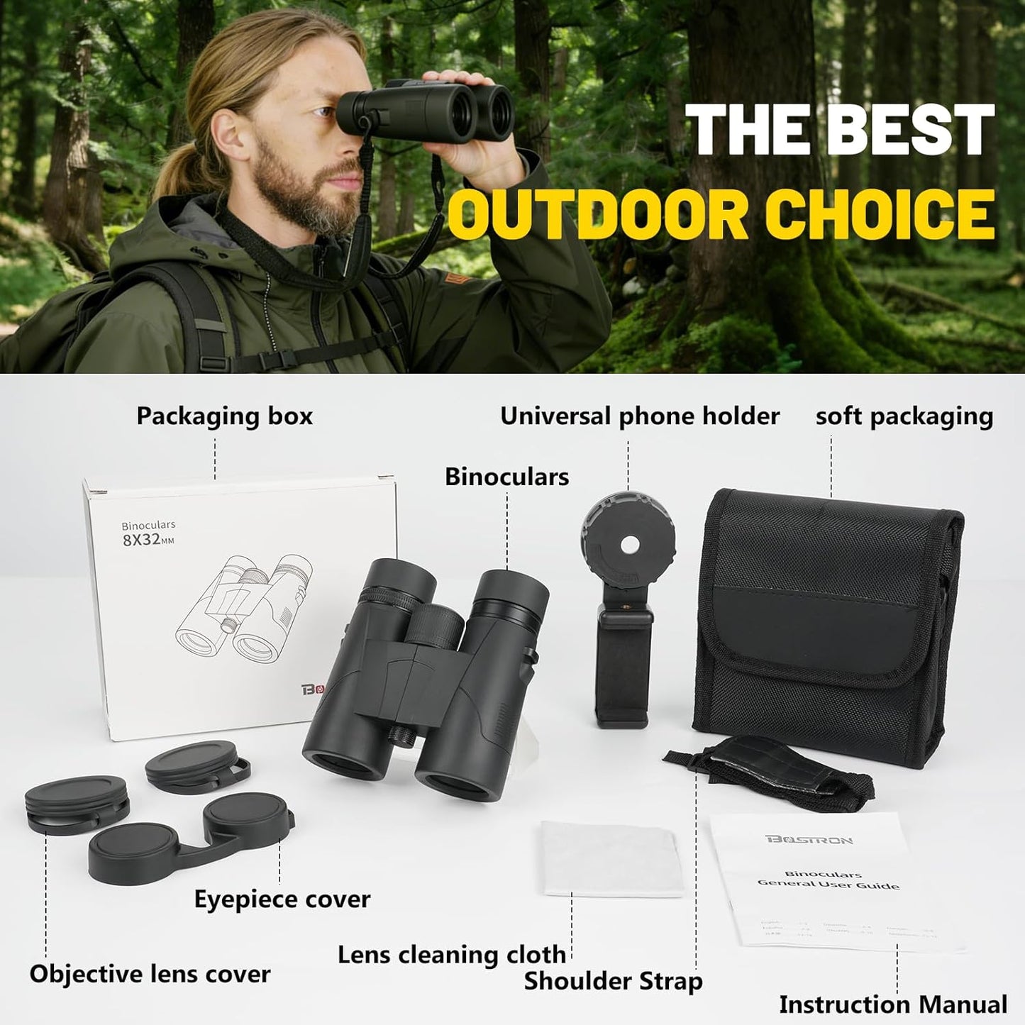 8x32 Binoculars for Adults - HD BAK4 Prism FMC Lens, Waterproof Large View Clear Vision, Lightweight with Phone Adapter Compact Binocular for Bird Watching Travel Cruise Stargazing Hunting