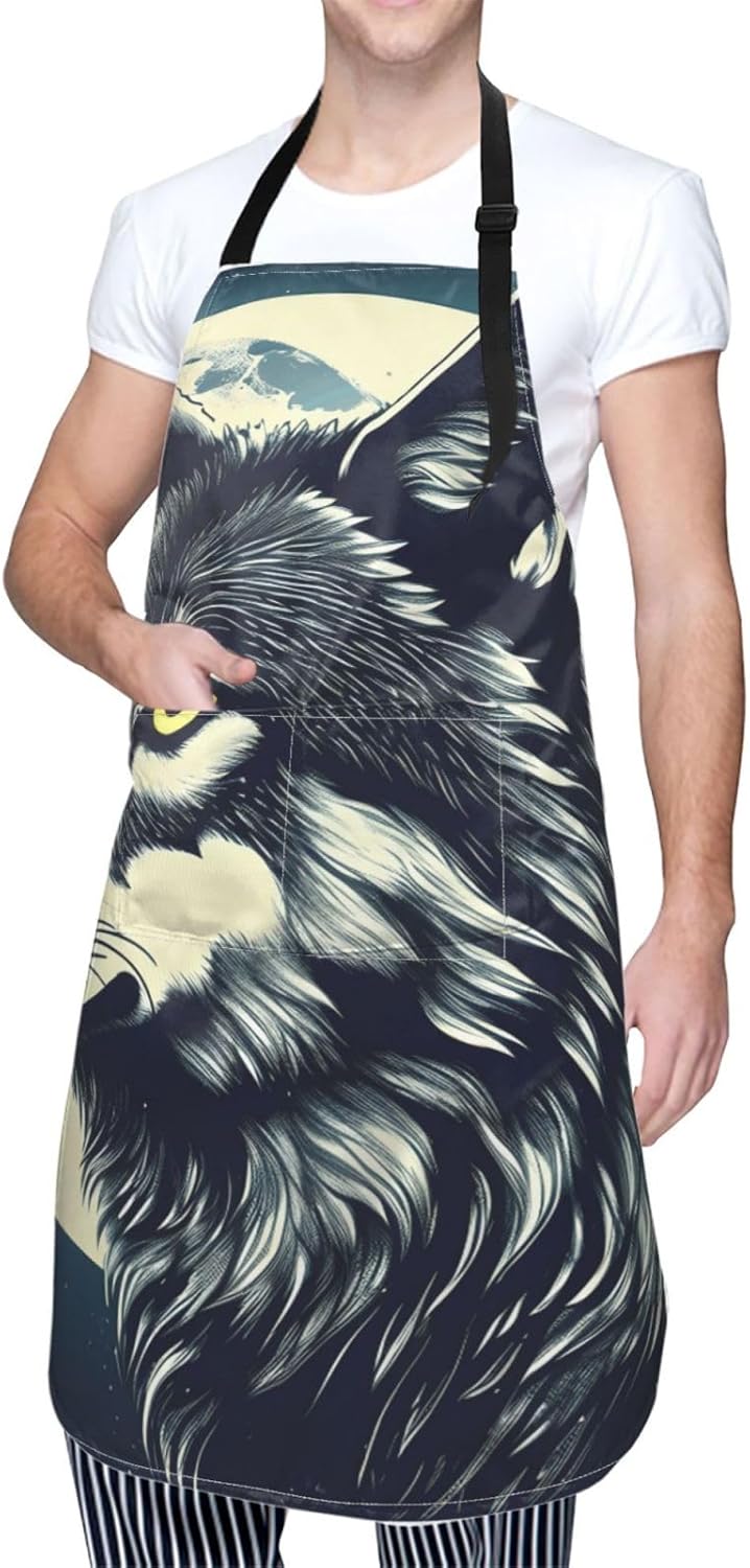 YANYU Wolf Night Moon Print 28x33 In Kitchen Apron Stylish Chef Apron with Pockets for Cooking Baking Painting