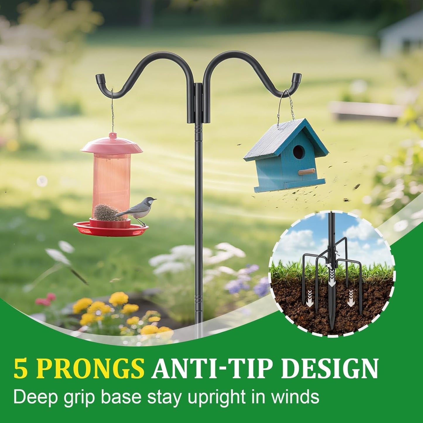 Double Shepherds Hooks for Outdoor, 94 Inch Adjustable Bird Feed Pole with 5 Prongs Base, Heavy Duty Shepherds Hook for Bird Feeder, Bird House, Light Plant, Wind Chime, Hummingbird Feeder, Lantern