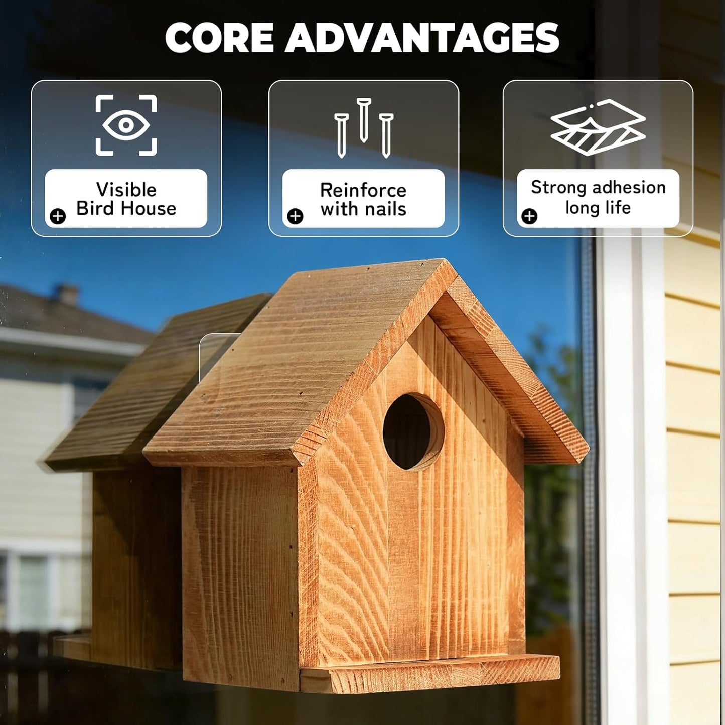 Window Bird Houses for Outside with 2 Powerful Hooks, Clear Window Bird House for Viewing Inside, Hanging Wooden Birdhouses to Paint for Outdoors, Bird Nesting Box for Bluebird Finch Chickadee