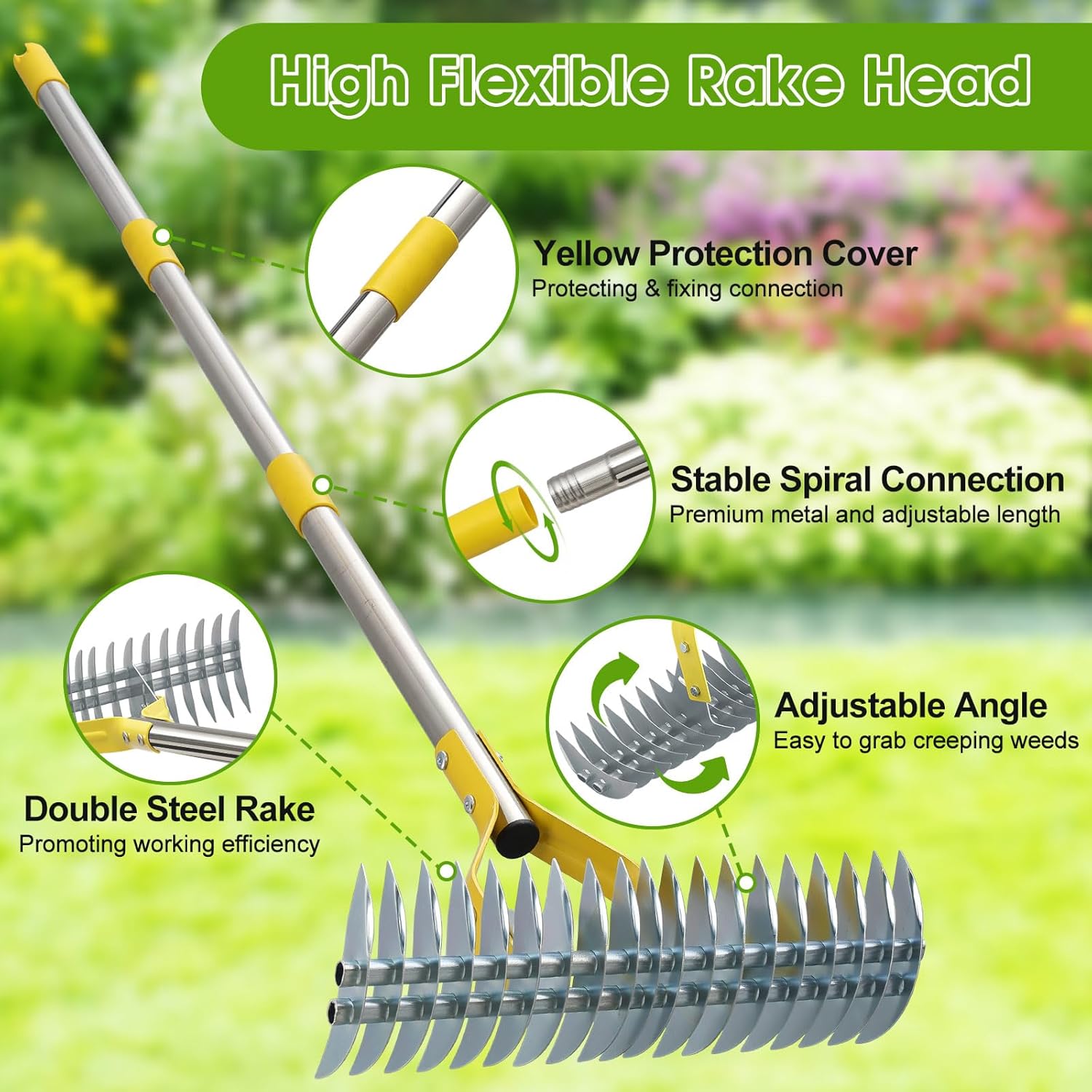2-in-1 Thatch Rake for Lawn 55" Long Stainless Steel Thatching Rake wi