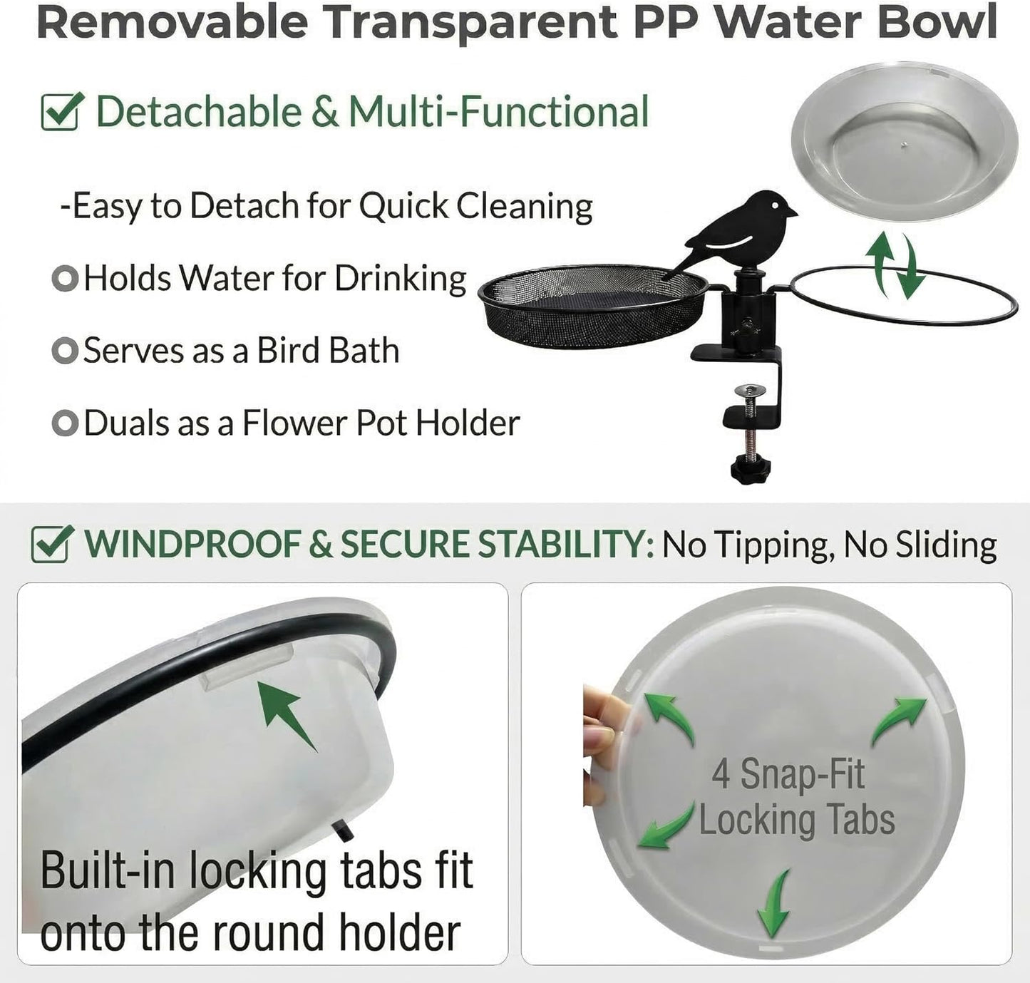 Deck Bird Feeder for Balcony Railing, No-Drill Adjustable Clamp Mount, Heavy-Duty Metal Mesh Platform Tray, Windproof Removable Water Bowl Bird Bath, Feeding Station for Wild Birds with Cleaning Brush