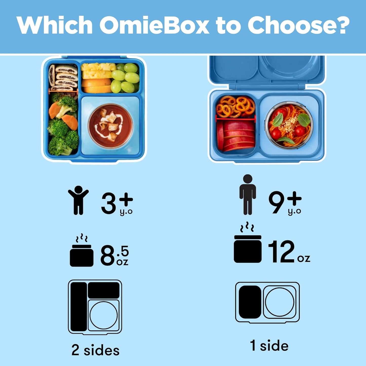 OmieBox Bento Box for Kids - Insulated Bento Lunch Box with Leak Proof Vacuum Insulated Food Jar - 3 Compartments, Two Temperature Zones (Blue Sky)