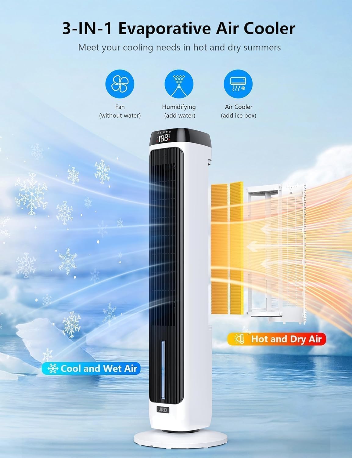 JRD 41" Evaporative Cooler with 3 Speeds, 5 Modes, Remote, 80° Oscillation Swamp Cooler with 12H Timer, Bladeless Tower Fan Cooling Fan for Bedroom Office Home
