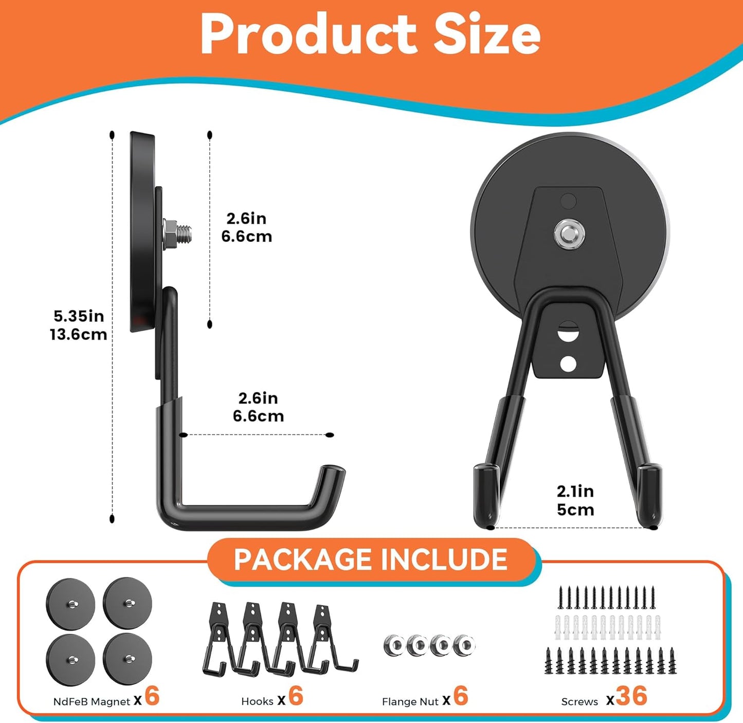 6 Pack Heavy Duty Storage Magnetic Utility Hooks, Ndfeb Strong Large Garage Magnet Hooks, Extra Big Magnetic Hook, Industrial Magnet Holder for Hanging Power Drill Broom Garden Tools Pegboard