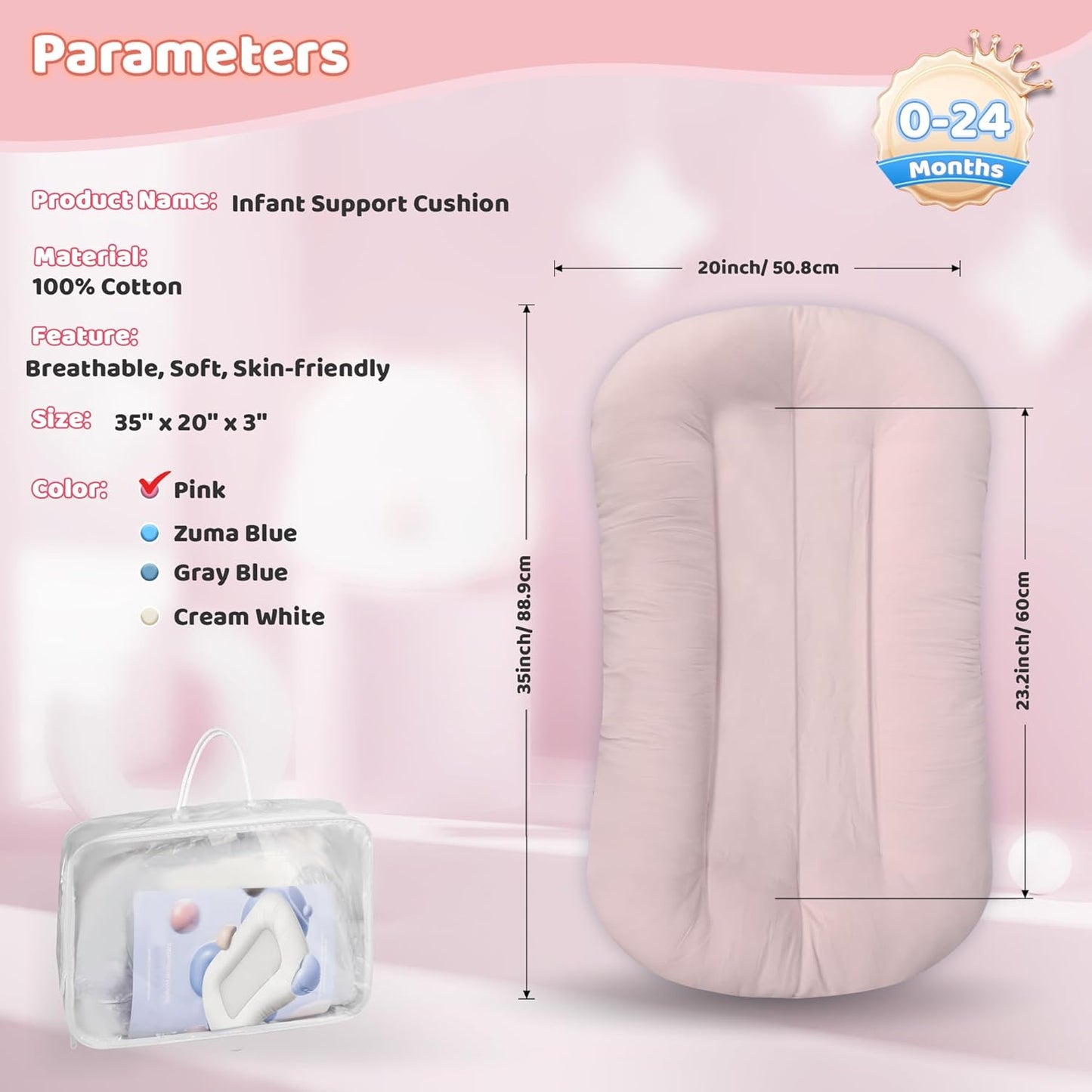 Infant Support Cushion - Baby Support Cushion for Newborn, 0-24 Months, Portable Tummy Time Mat for Home and Travel, Soft Cotton, Supervised Use, Baby Essentials Gift, Pink (Cover Included)