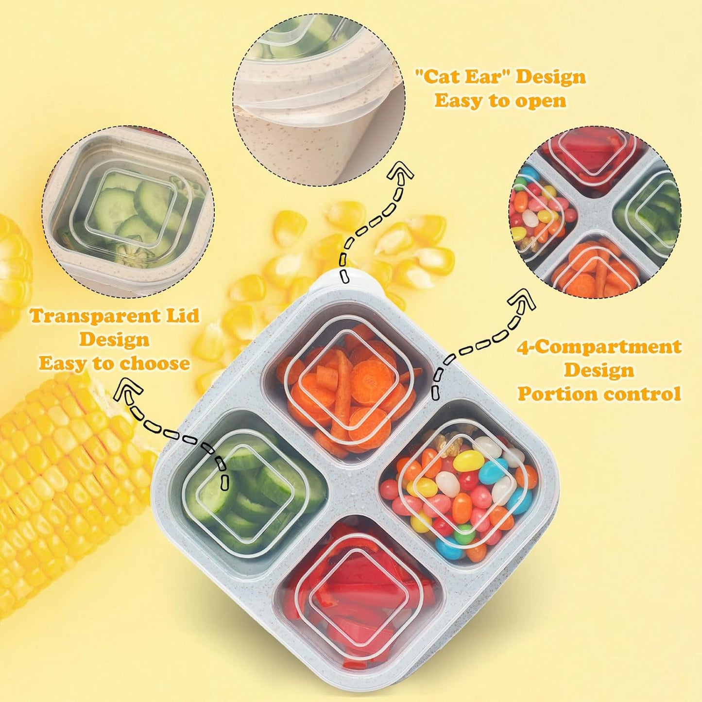6 Pack Snack Containers, 4 Compartment Snack Box Containers Bento Box, Reusable Meal Prep Lunch Containers for Adults Kids Toddler, Divided Food Containers for Travel Work School