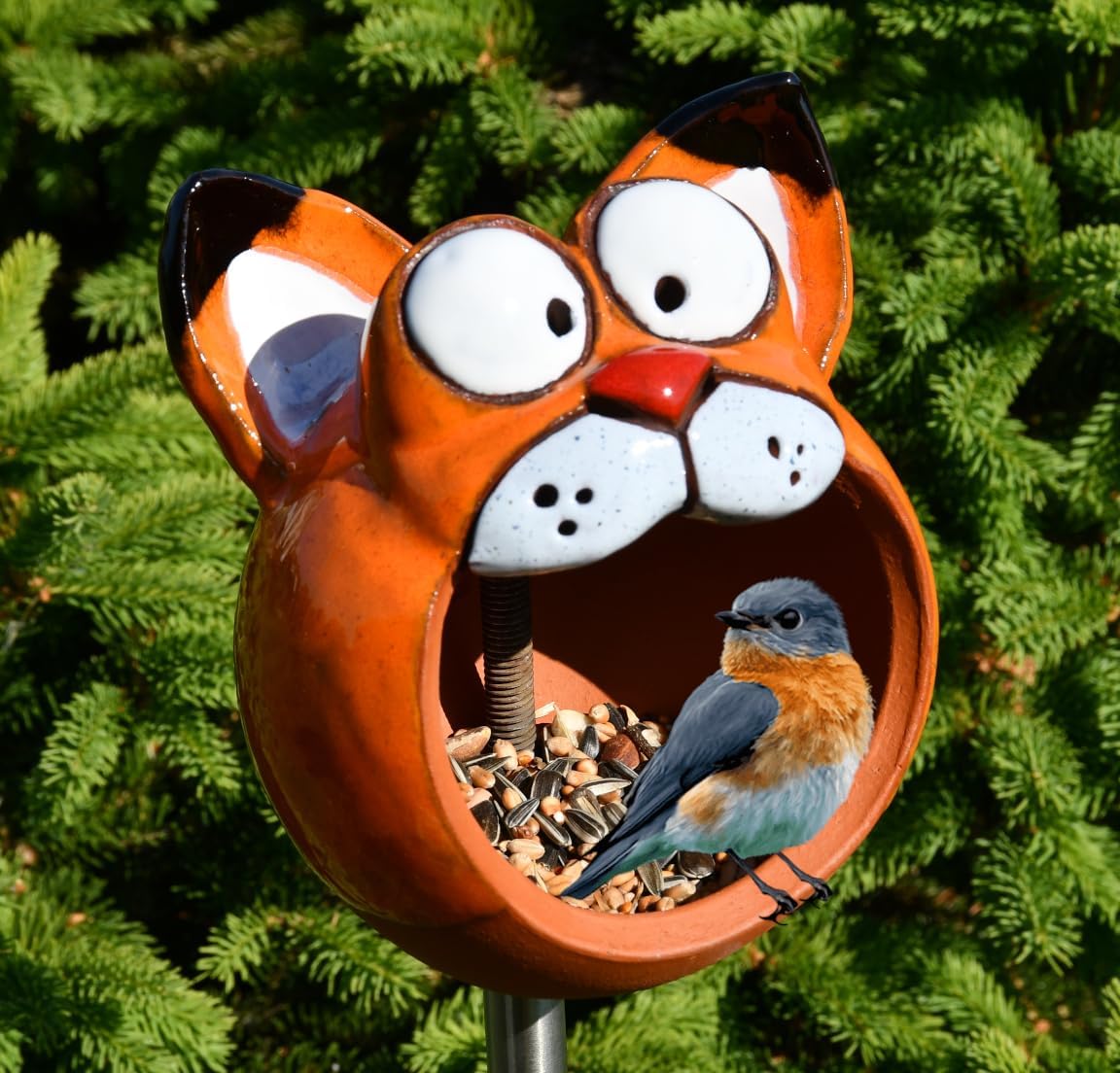 Funny Bird Feeder Cat Garden Stake Yard Art Garden Art Handmade Ceramic Garden Decor Lawn Stake Funny Cat Ceramic Bird Feeder Midene