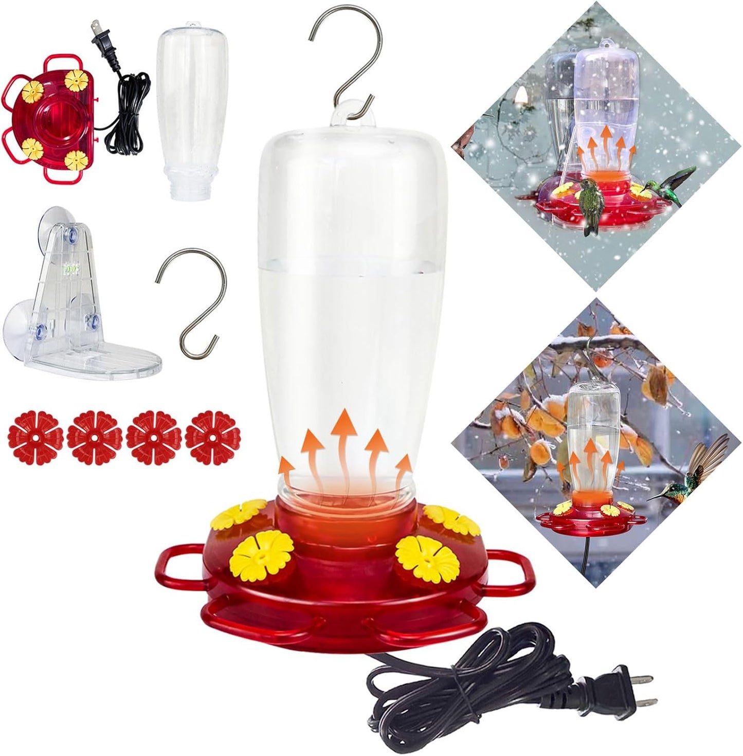 Heated Hummingbird Feeders for Outdoors, 15 Ounces Plastic Heated Hummingbird Feeder for Winter, 2-in-1 Outdoors Hanging & Window Suction Cup Design with 4 Feeding Ports (1 Pack)