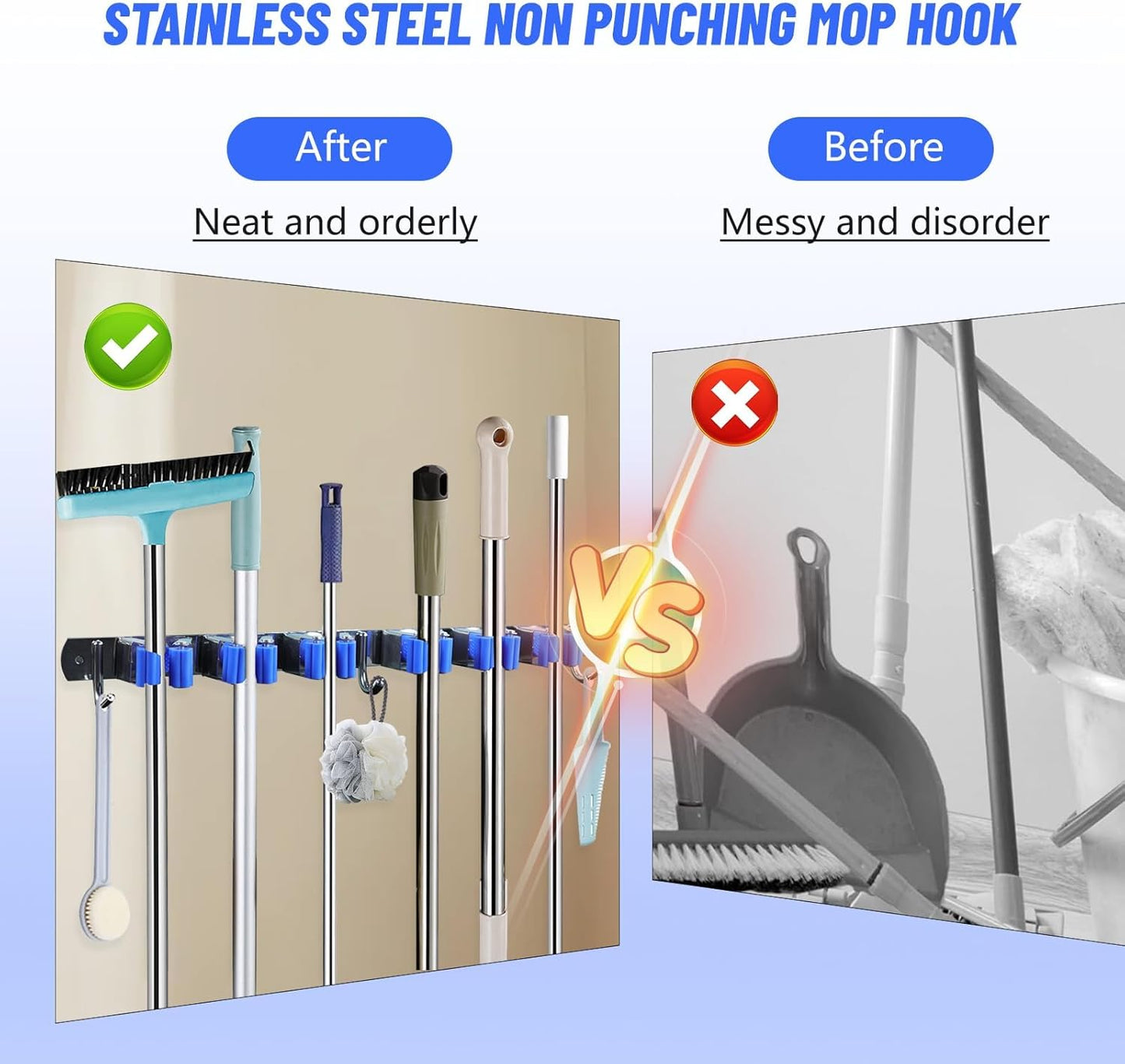 Broom Holder Mop Hanger Wall Mount Metal Organization Garage Storage System Laundry Room Closet Shed Garden Kitchen Tool Organizer (6 Racks with 3 Hooks, Blue)