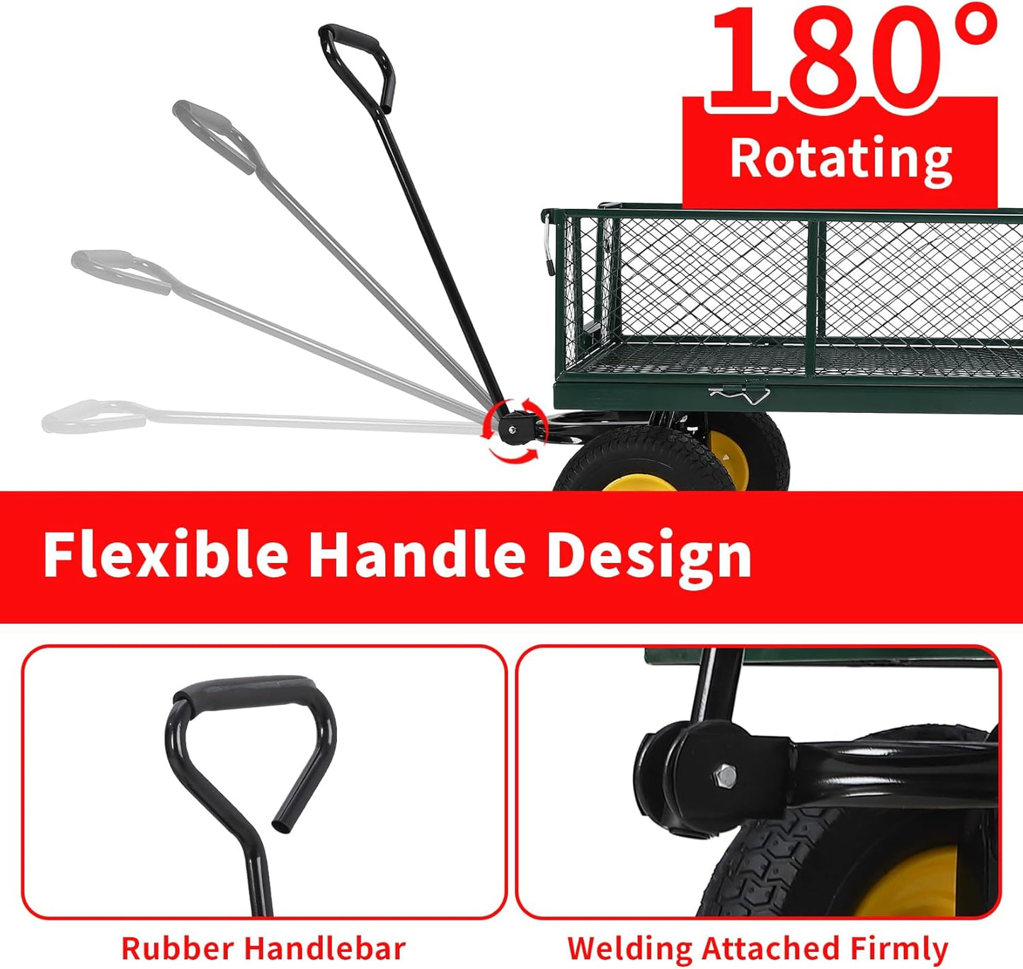 GarveeLife Garden Cart on Wheels 1100 LBS Capacity, Heavy Duty Full Steel Utility Wagon, Versatile Flatbed Carts with Removable Mesh Sides, 180° Rotating Handle, Fit for Outdoor Garden, Lawn, Yard