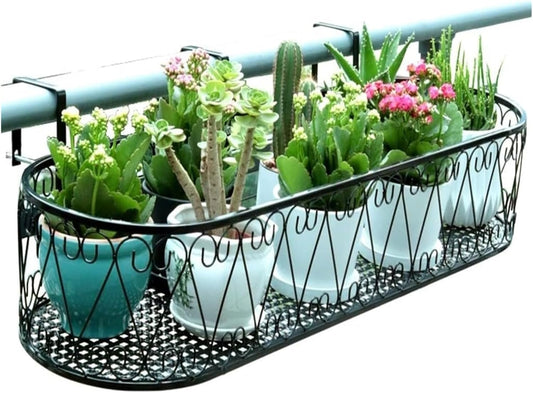 Railing Planter Box - Decorative Fence Planters for Flowers, Hanging Shelf and Potted Plant Stand, Outdoor Balcony Garden Decor, Ideal for Home and Patio