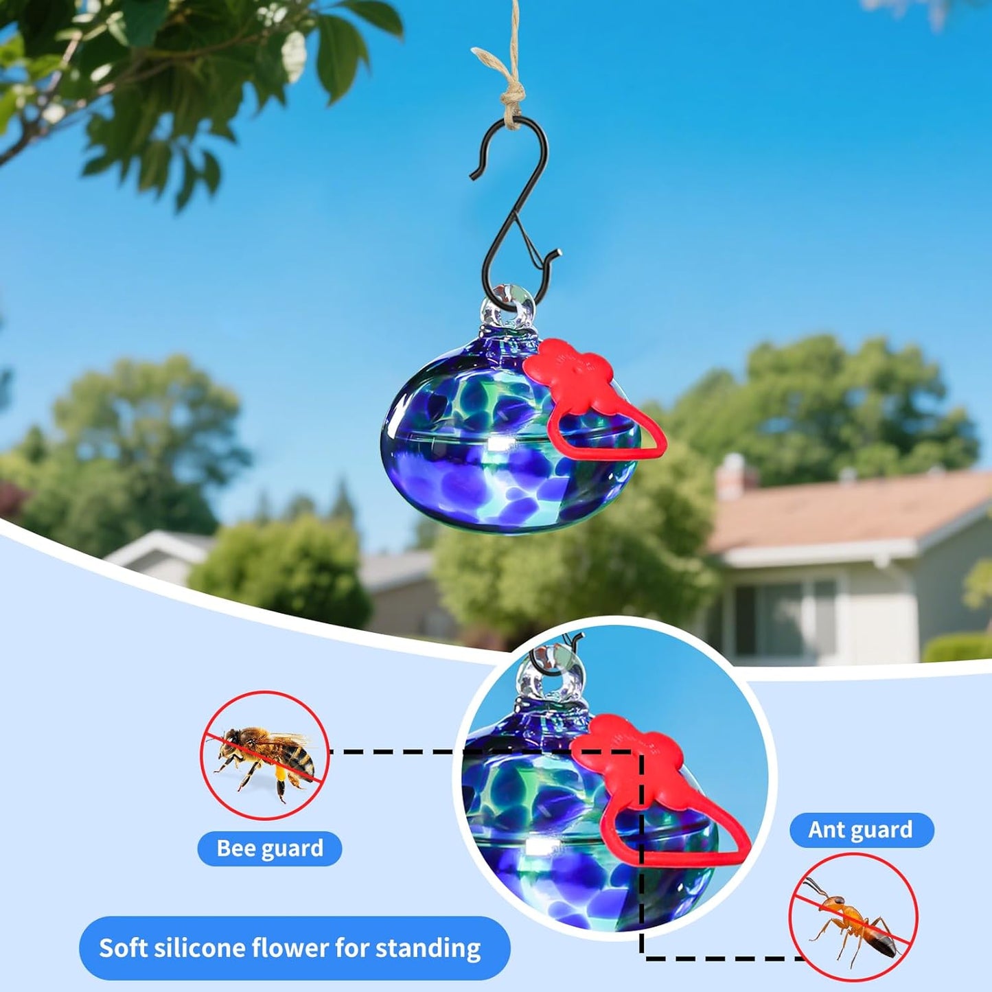 Small Hummingbird Feeders for Outdoors Hanging,Hand-Blown Glass Hummingbird Feeder with Silicone Feeding Perch,Never Leak,Gardening Gifts for Woman Man