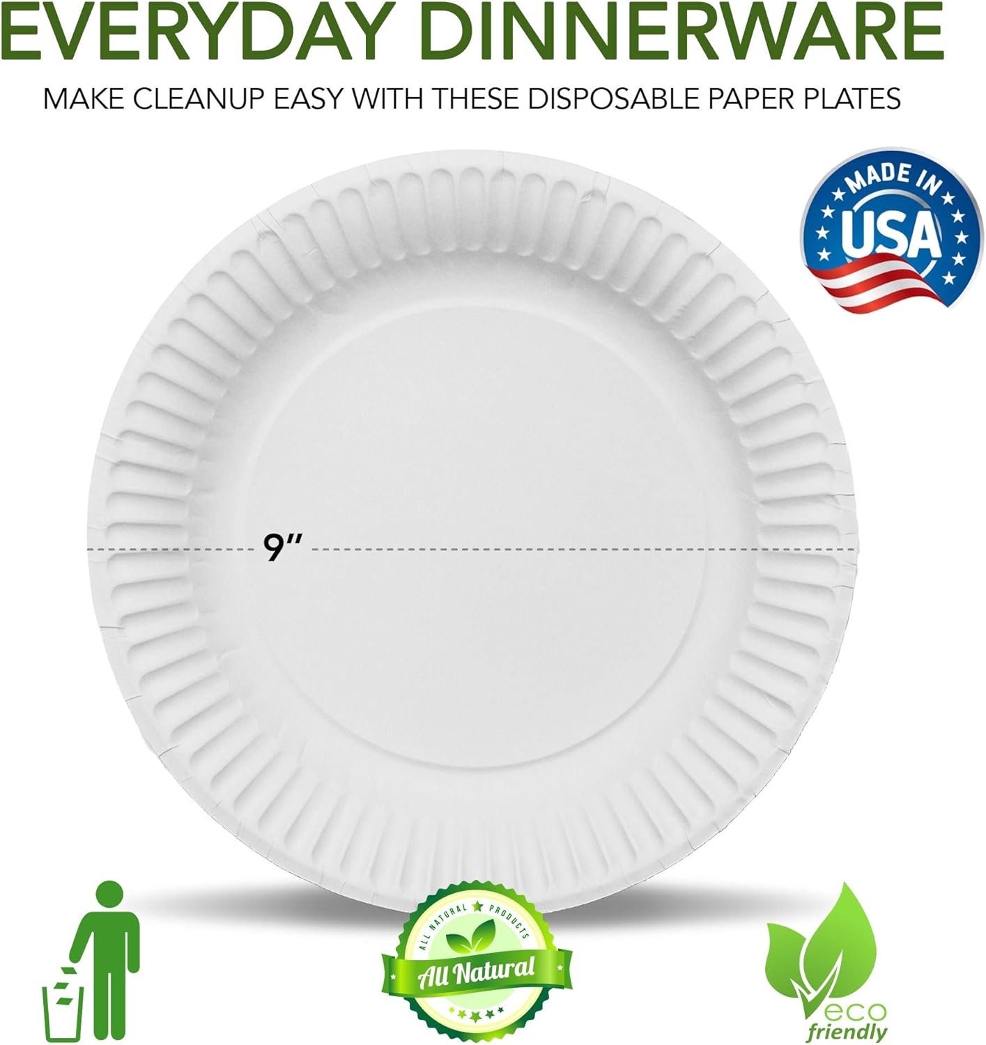 Stock Your Home 9-Inch Paper Plates Uncoated, Everyday Disposable Plates 9" Paper Plate Bulk, White, 500 Count