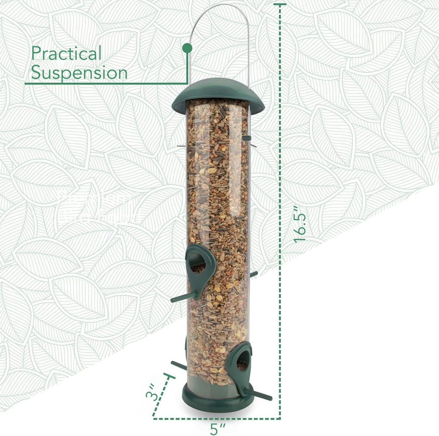 Green Grain Bird Feeder 12 Inches - With 4 Landing Spots for Birds - Hanging Bird Feeding Station - Grains Feeding Column - Wild Bird Feed Silo - Tube Bird Feeders for Outdoors Hanging
