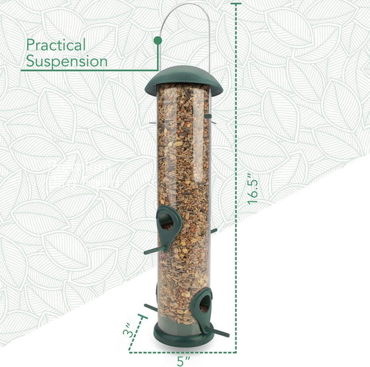 Green Grain Bird Feeder 12 Inches - With 4 Landing Spots for Birds - Hanging Bird Feeding Station - Grains Feeding Column - Wild Bird Feed Silo - Tube Bird Feeders for Outdoors Hanging