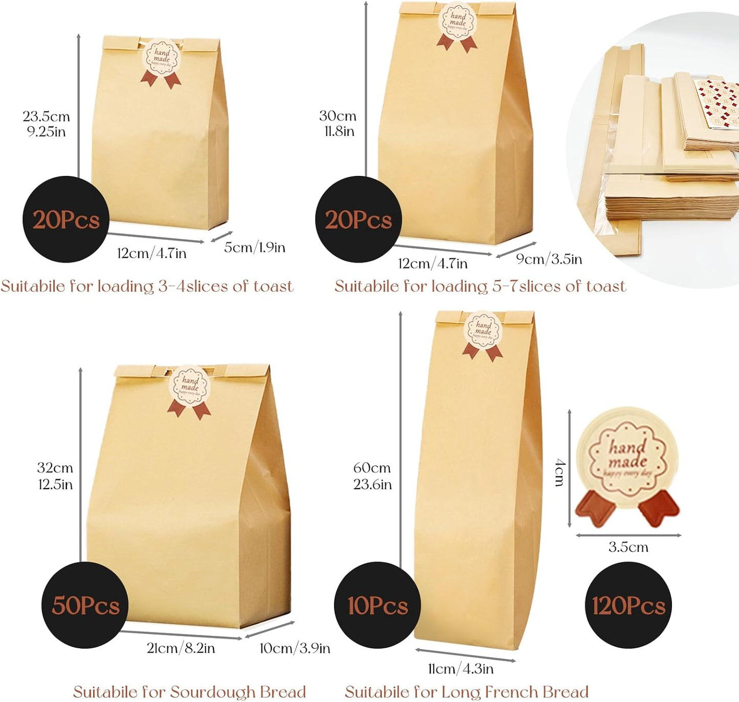 SNAIL GARDEN Sourdough Bread Bags - 100pcs with Four Sizes, Windowed, 