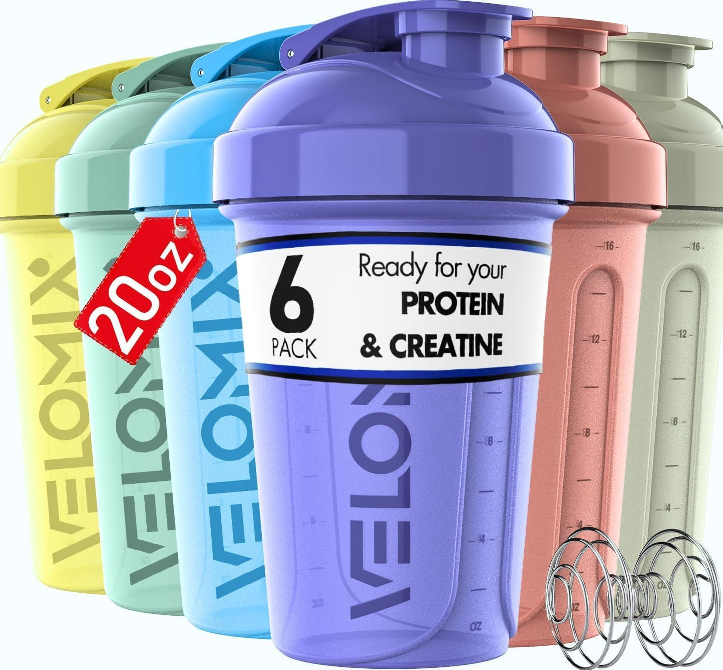 VELOMIX -6 PACK- 20 oz Protein Shaker Bottle for Protein Mixes - 6x Wi