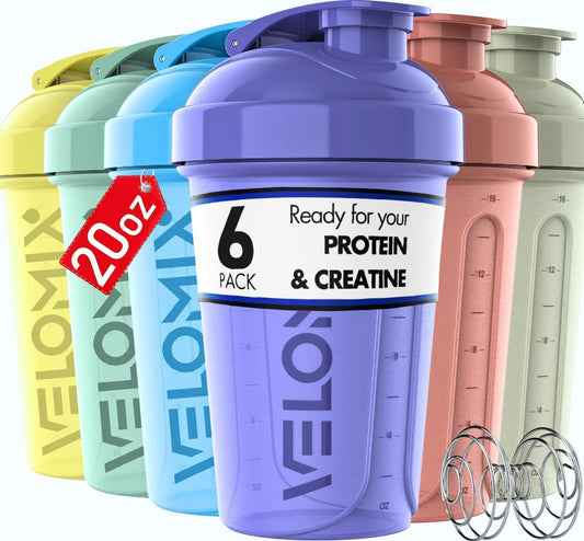 VELOMIX -6 PACK- 20 oz Protein Shaker Bottle for Protein Mixes - 6x Wi