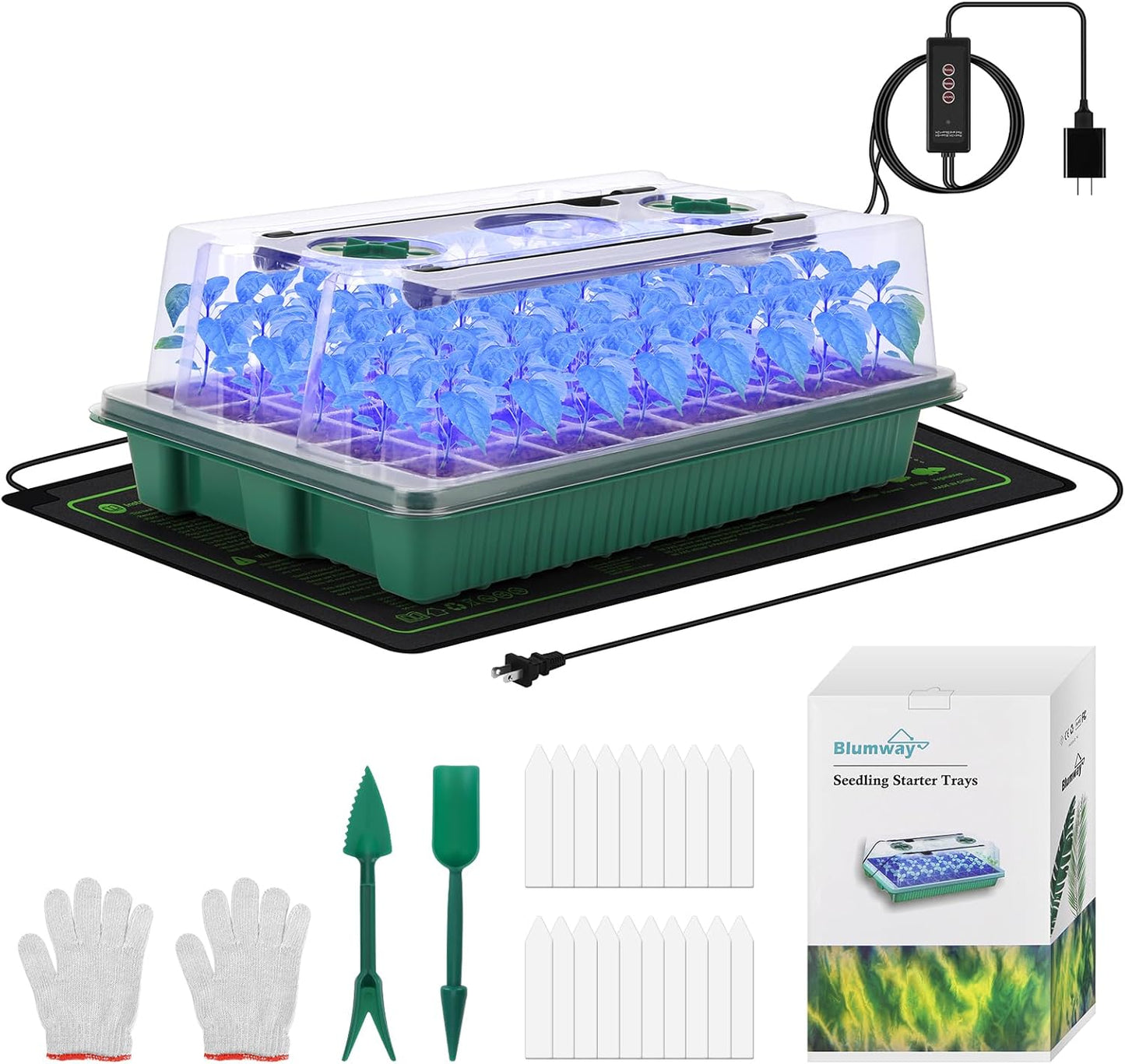 BlumWay 4-in-1 Seed Starter Tray with Grow Light &Heat Mat & Soil Mete
