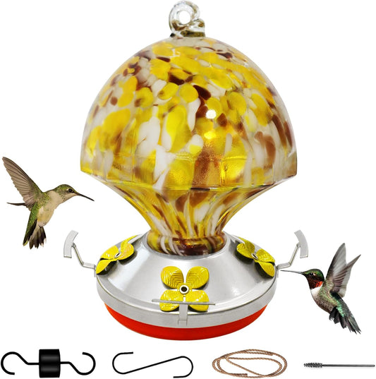 ruiyi itm Glass Hummingbird Feeder with Ant Moat 25.4 OZ Large Capacity Hand Blown Glass Yellow Hanging Bird Feeder for Backyard Garden Outdoors Decorations with S Hook Brus Gift for Bird Lovers