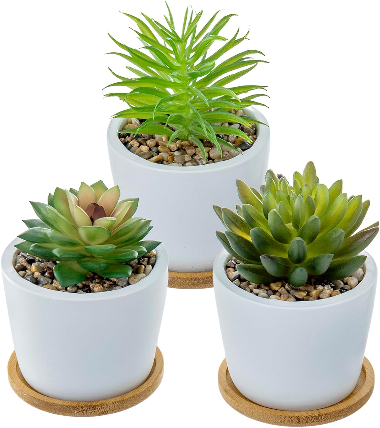 MyGift Assorted Artificial Succulent Plants - Decorative Fake Desert Plants with Pebble Fillers in White Ceramic Pots with Bamboo Saucers, Set of 3