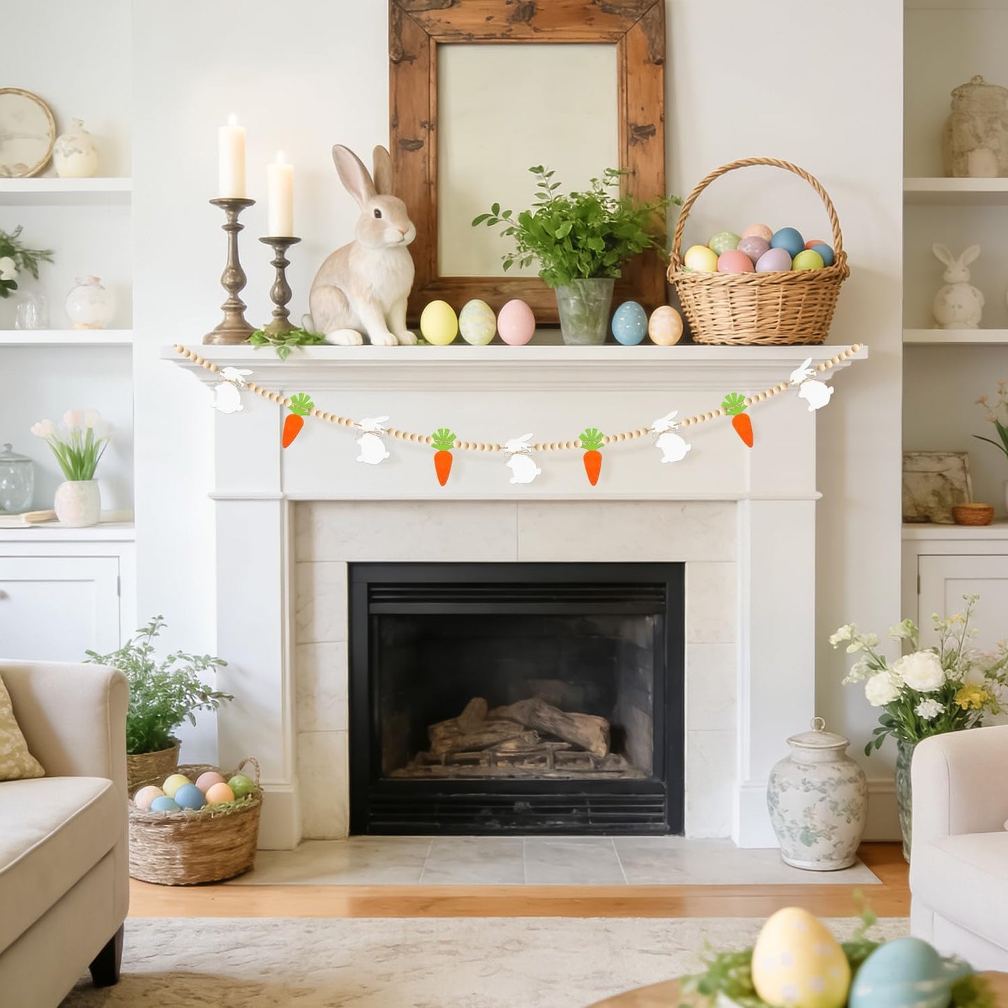 Easter Decorations Pre-Assembled Easter Garland Wooden Bunny Carrot Garland with Beads Easter Decor Rustic Banner for Mantel Fireplace Home Party Farmhouse Spring Decor Wall Decor