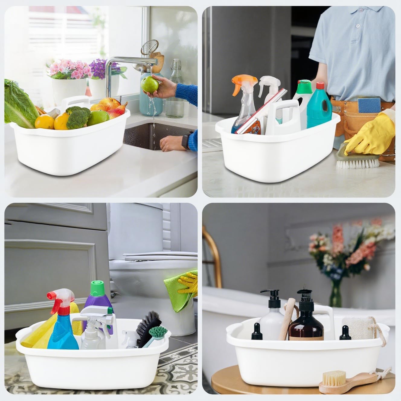 Cleaning Supplies Caddy with Handle, Portable Shower Caddy Organizer Plastic Basket with Handle, Stackable Tool Storage for Bathroom, Garden, Kitchen, Home Organization, White