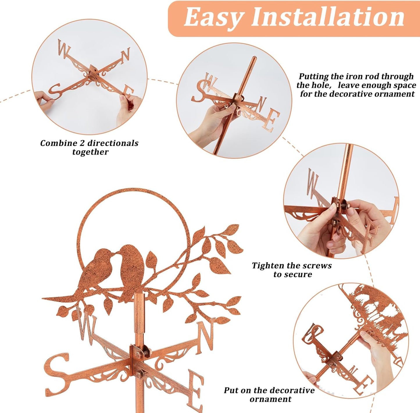 SUPERDANT Tree Branch Bird Weather Vane Three Birds Wind Vanes for Yard Metal Weathervane Roof Mount for Gardens Outside Reddish Copper Weathervanes Farmhouse Farm Barn Sheds Patio Decorations