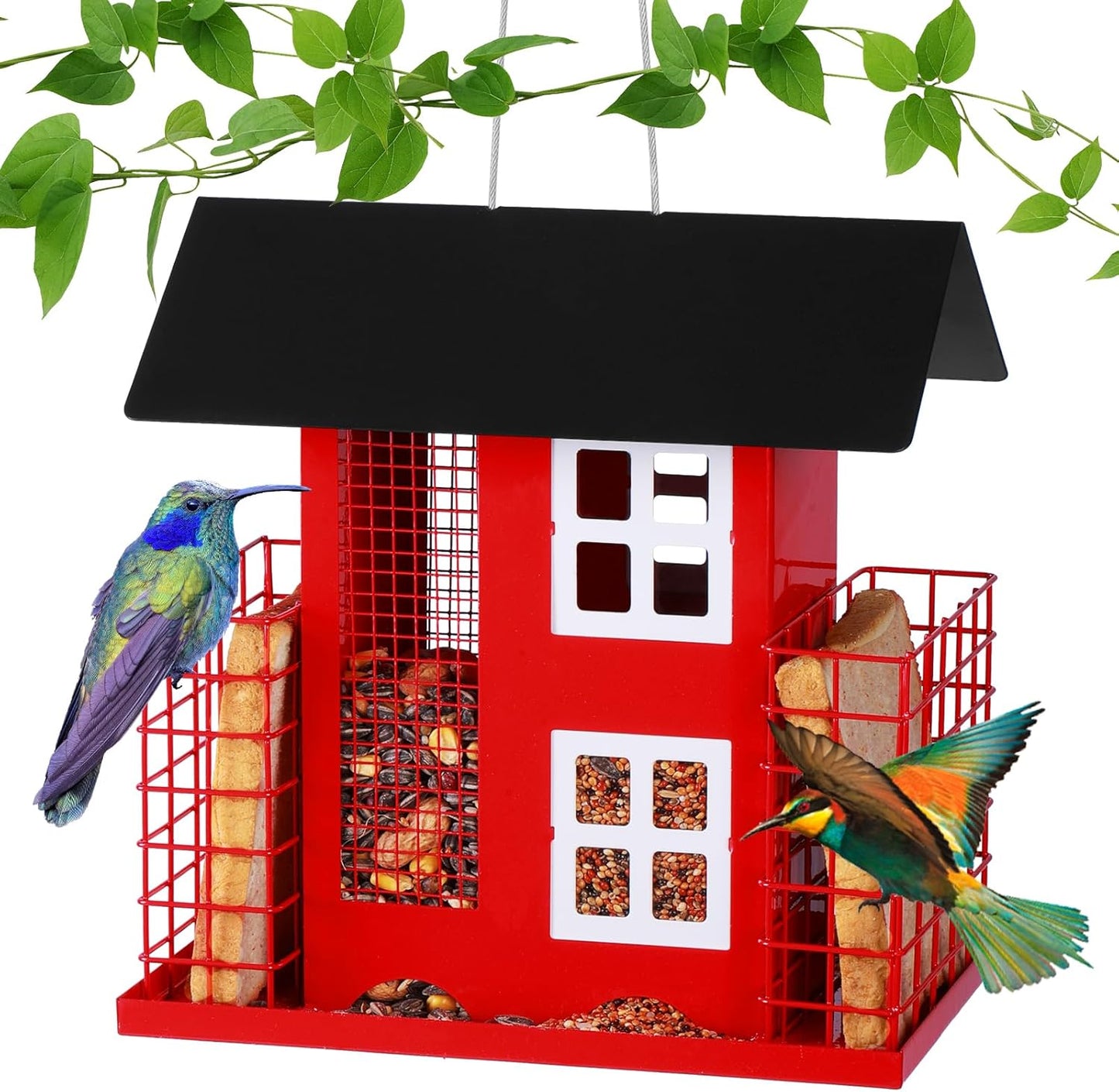 Metal Bird Feeders for Outdoors Hanging with 2 Suet Cage Cake Squirrel Proof Hanging Suet Feeder Large Capacity Wild Bird Feeder Easy Clean&Anti-Rust Attracting Birdhouse Red