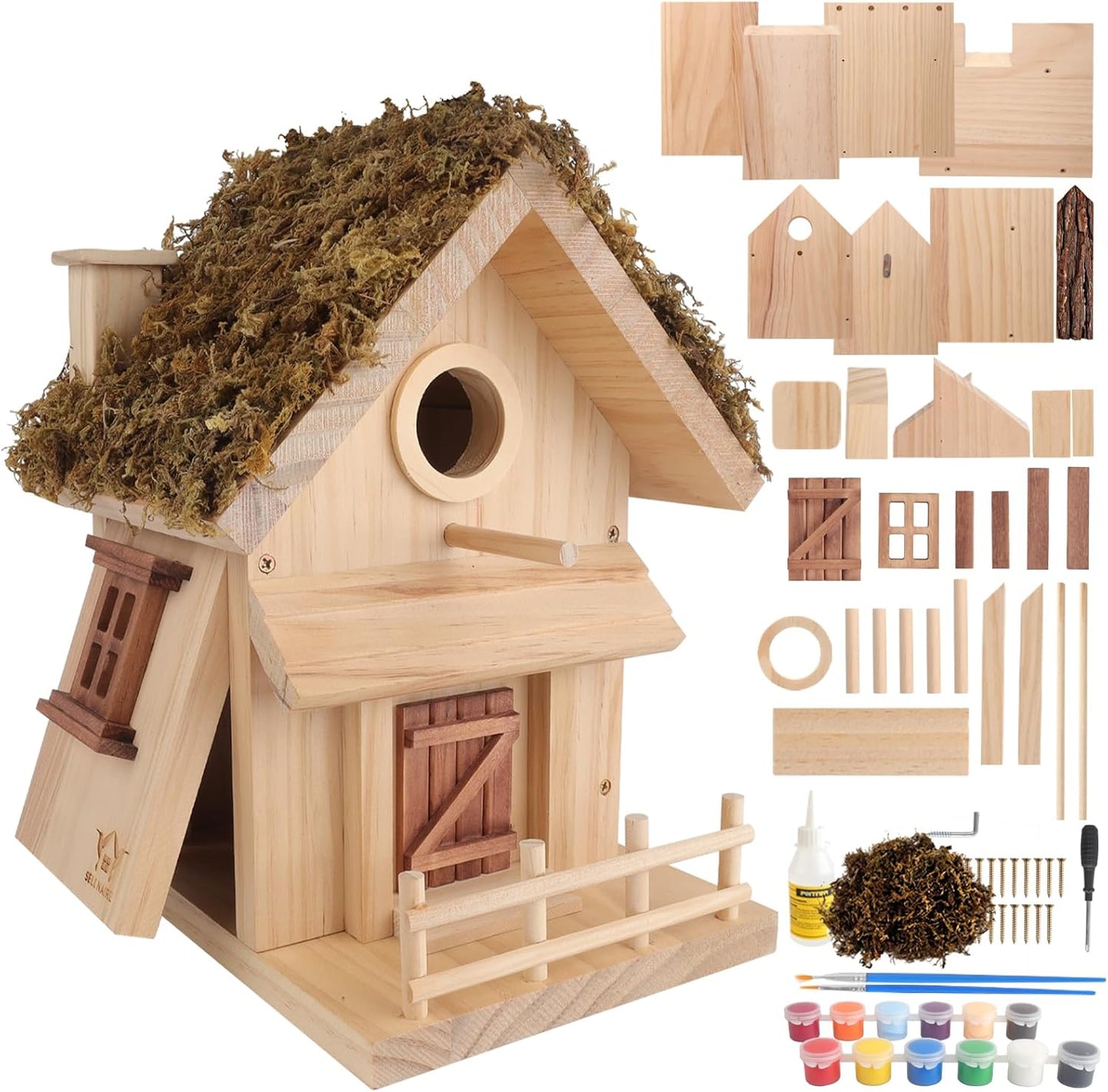 Cottage Style Birdhouse Kit - DIY Bird House for Outdoors, Cedar Roof & Front Porch, Natural Bark Siding, Premium Pine Wood, Fun Family Craft Project