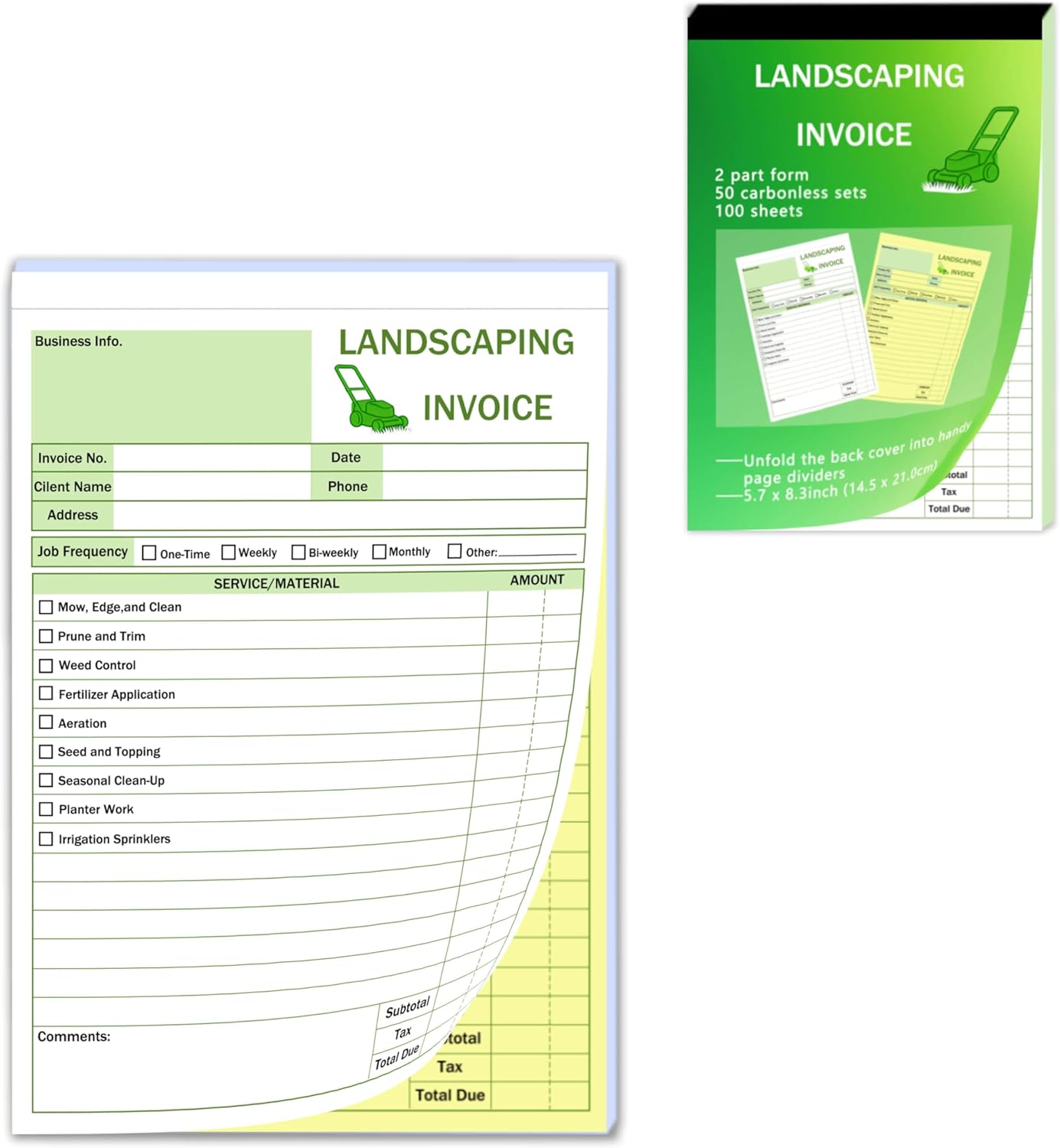 Garden Service Invoice Receipt Book, 2-Part Carbonless Landscaping Inv