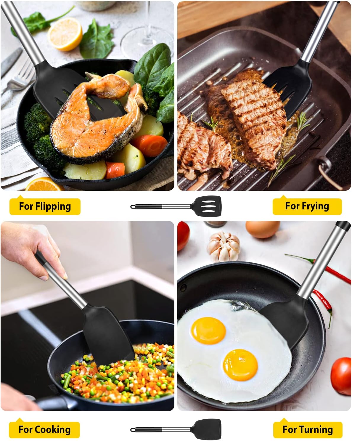 Pack of 2 Silicone Solid Turner, Non Stick Slotted Kitchen Spatulas, H