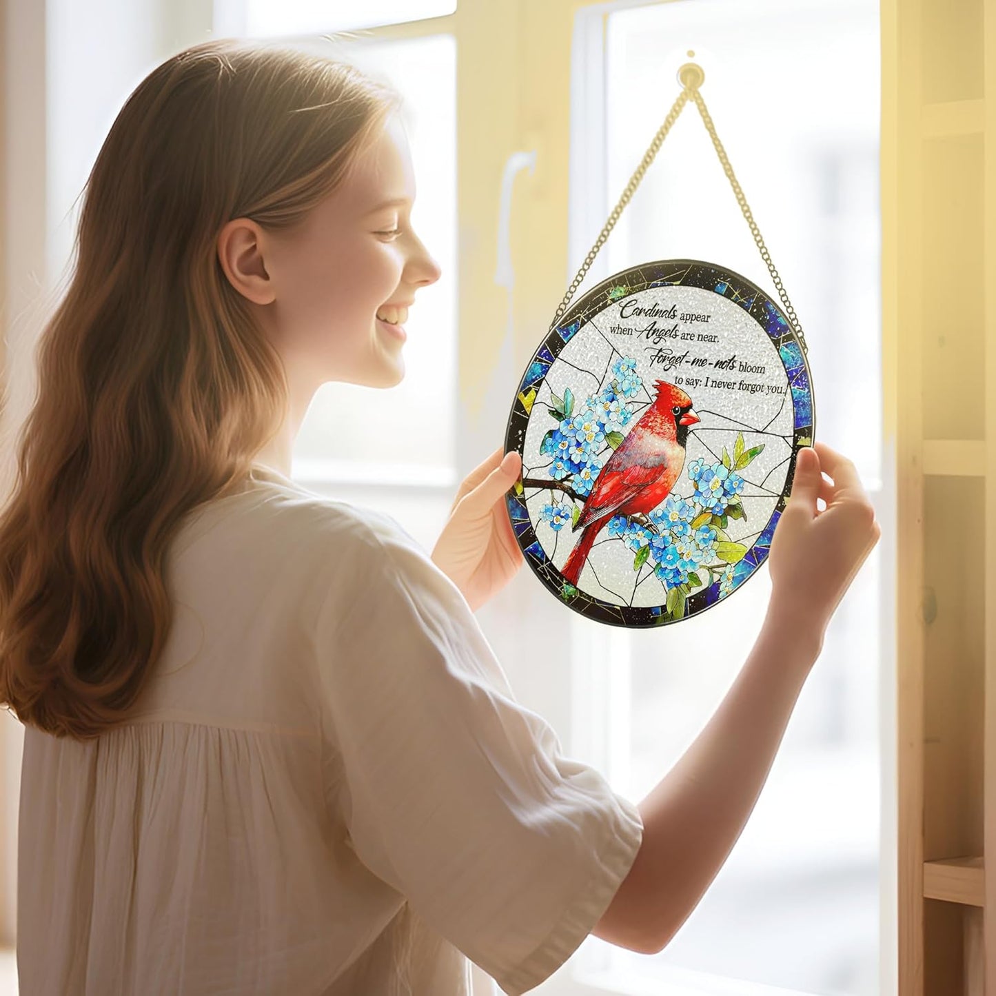 Cardinal Stained Glass Window Hanging, 8 Inch Sun Catchers Indoor Wind