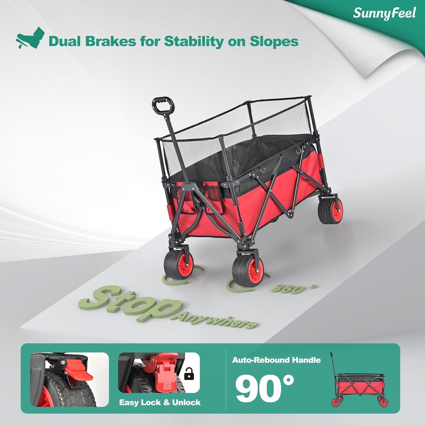 SUNNYFEEL 500 lb Heavy Duty Utility Wagon, Collapsible Outdoor Wagon Cart with Adjustable Handle & Foldable Wheels for Camping, Garden, Shopping (Red, Tall Version)