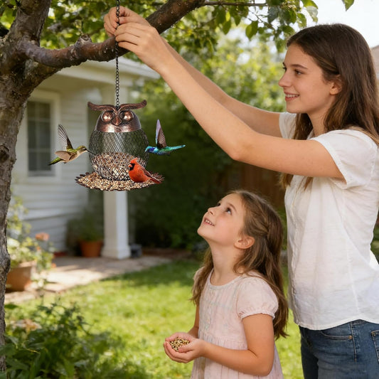 Outdoor Bird Feeder,Cute Metal Vintage Squirrel Proof | Decorative Owl Window Bird Feeder,for Finch Bluebird Sparrow Birding Feeding Yard Deck Porch