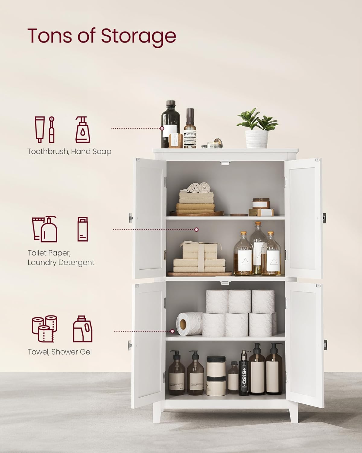 VASAGLE Floor Storage Cabinet, Freestanding Storage Unit with 4 Doors,