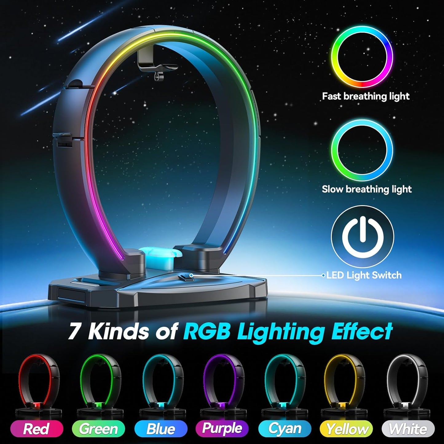 KDD RGB Headphone & Controller Stand with 9 Light Modes - Foldable Con