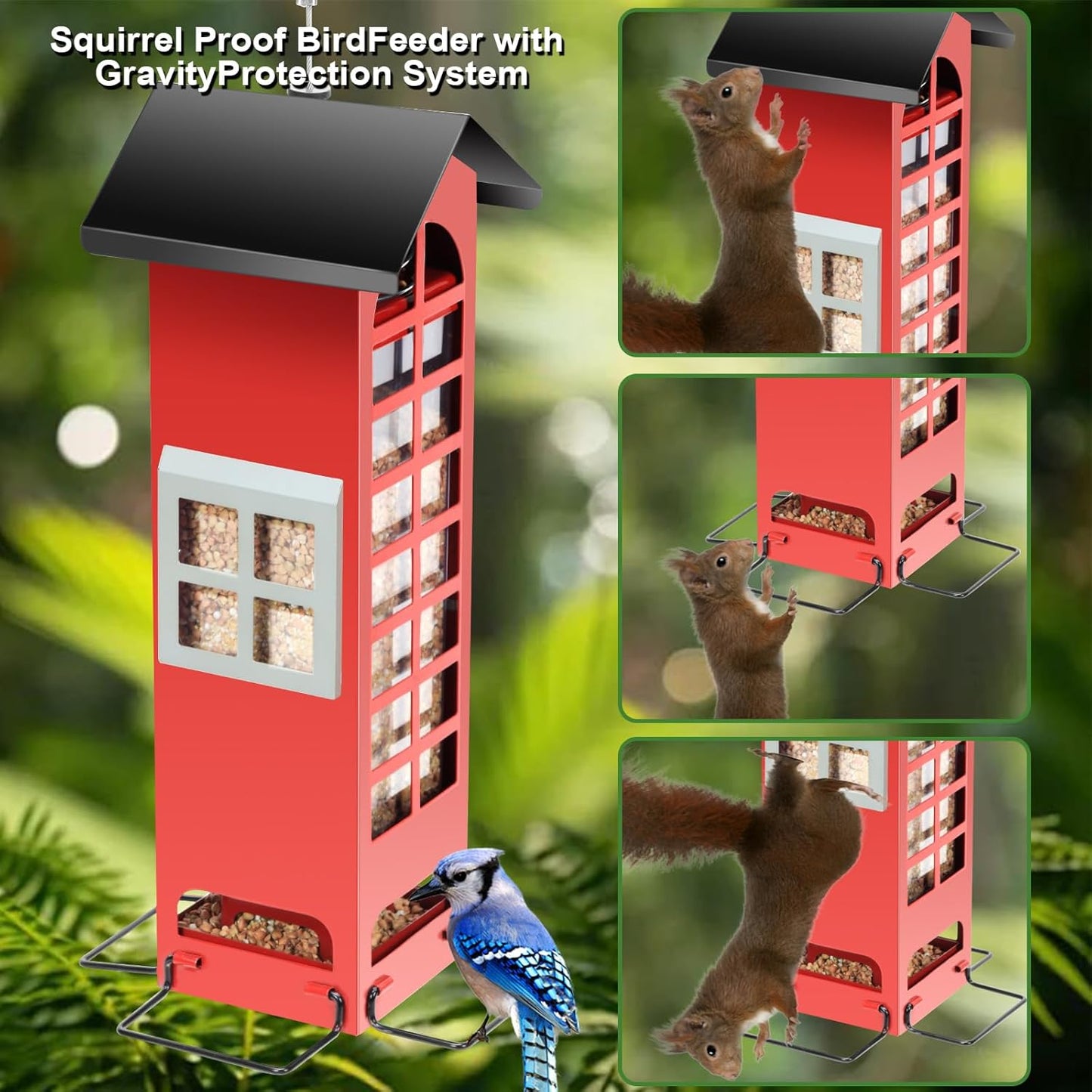 Bird Feeders Squirrel Proof for Outdoor Hanging Wild Bird Feeders with Weight Activated Ports, Metal Cardinal Tube Birdhouse Finch Seed Feeder, 2.5LB Capacity for Chickadee Blue Jay Woodpecker